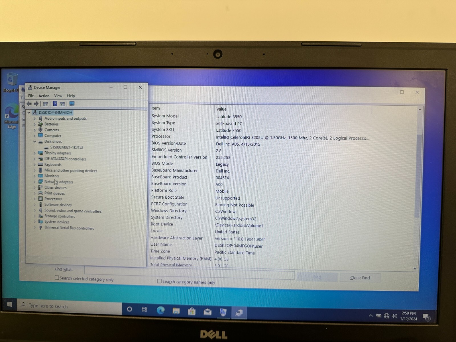 Dell Latitude E3550 Celeron 3250U@1.5GHz, 4GB RAM, 500GB SSD, NO AC #04
