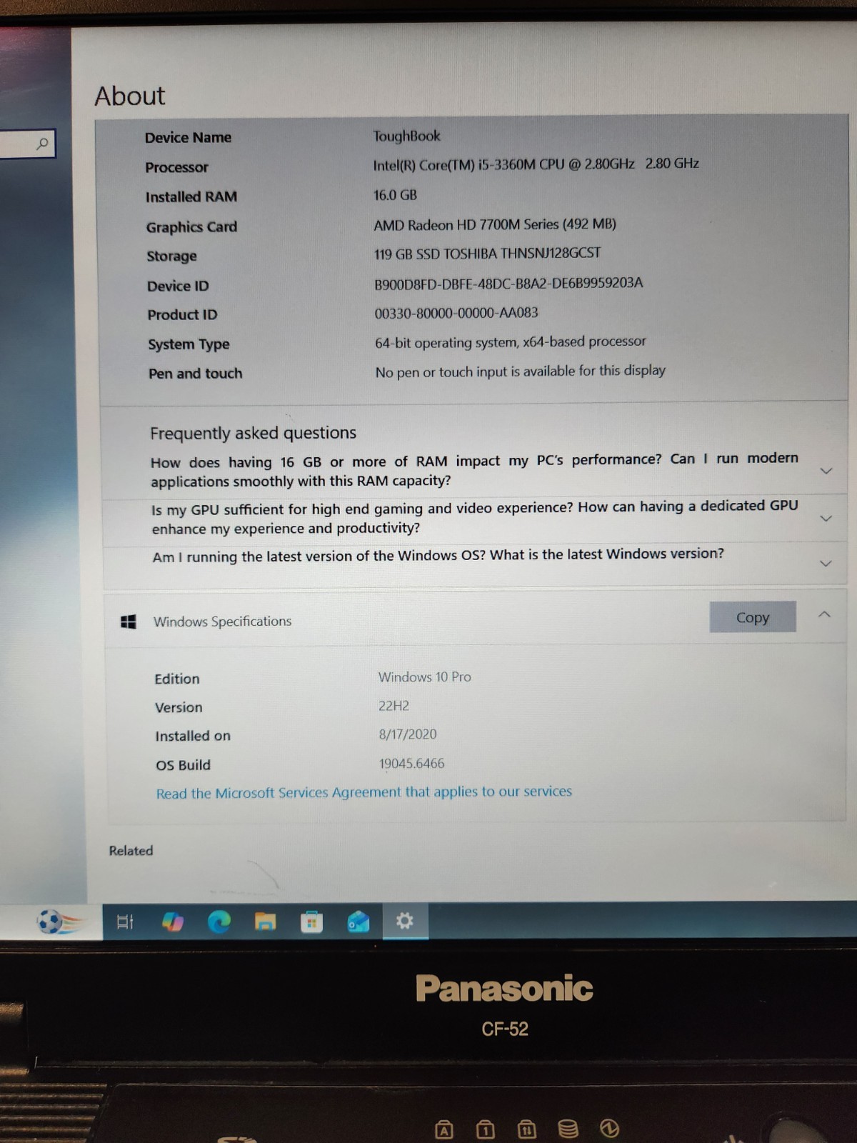 Panasonic Toughbook CF-52 MK5 i5-3360M 2.80GHz 16GB RAM 128GB SSD Win 10Pro