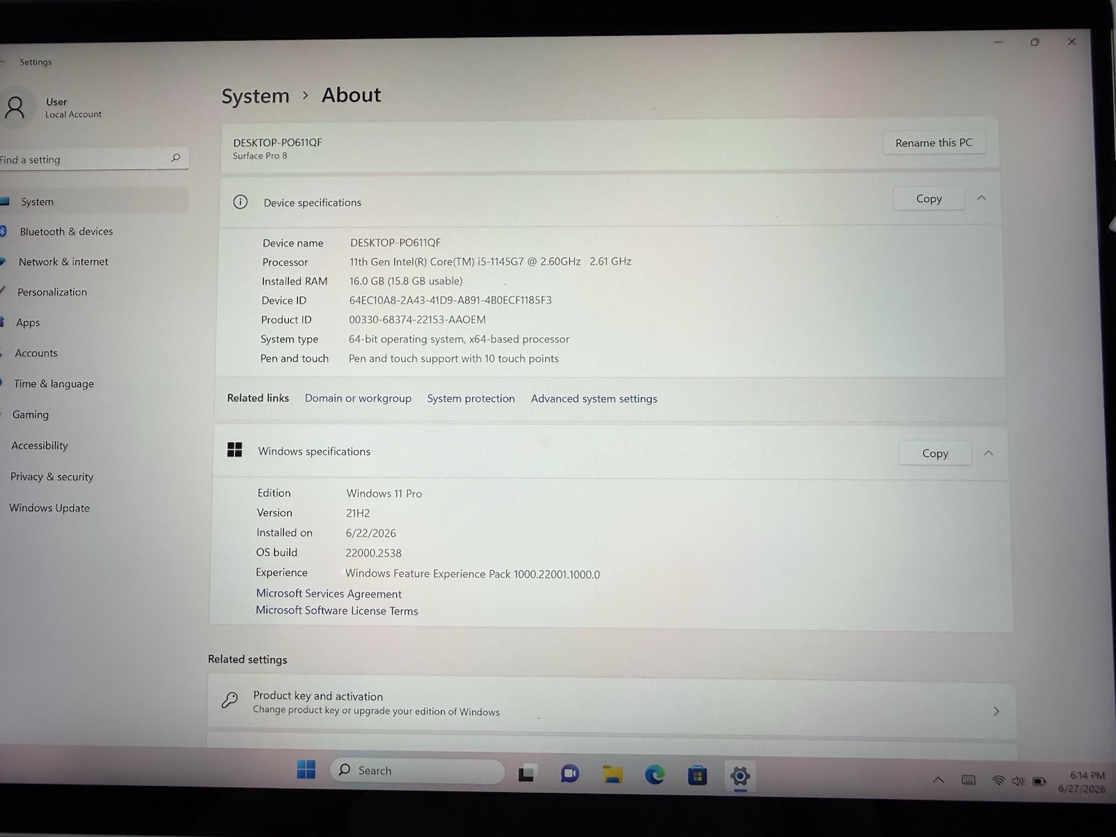 Microsoft Surface Pro 8 (1982) i5-1145G7 – 16GB RAM – 256GB 120Hz – Win 11 Pro