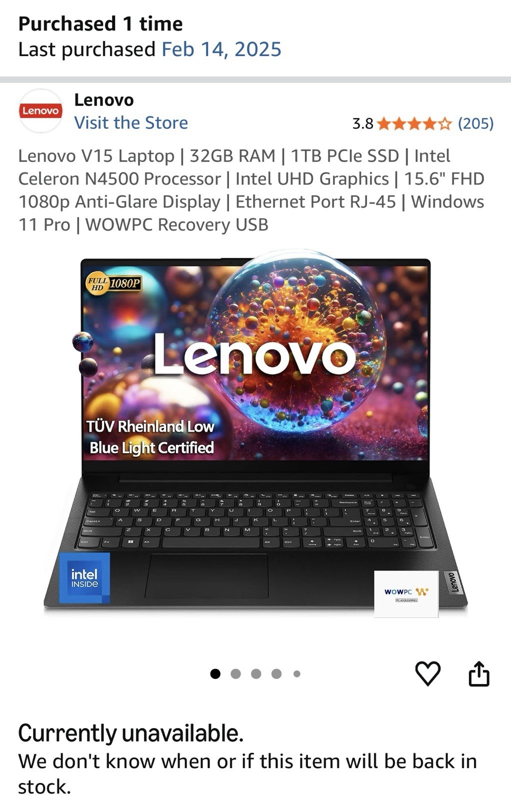 Lenovo V15 Laptop 15.6″ Intel Celeron N4500 32 GB RAM 1TB PCle SSD Black