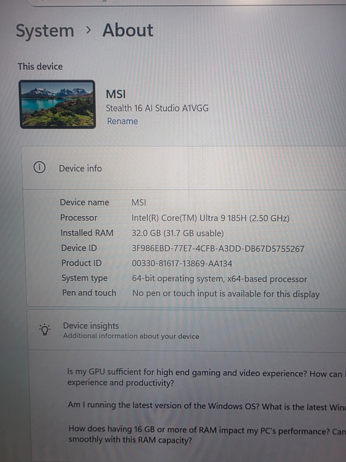 MSI Stealth 16 AI Studio Ultra 9 185H 32GB 1TB SSD RTX 4070