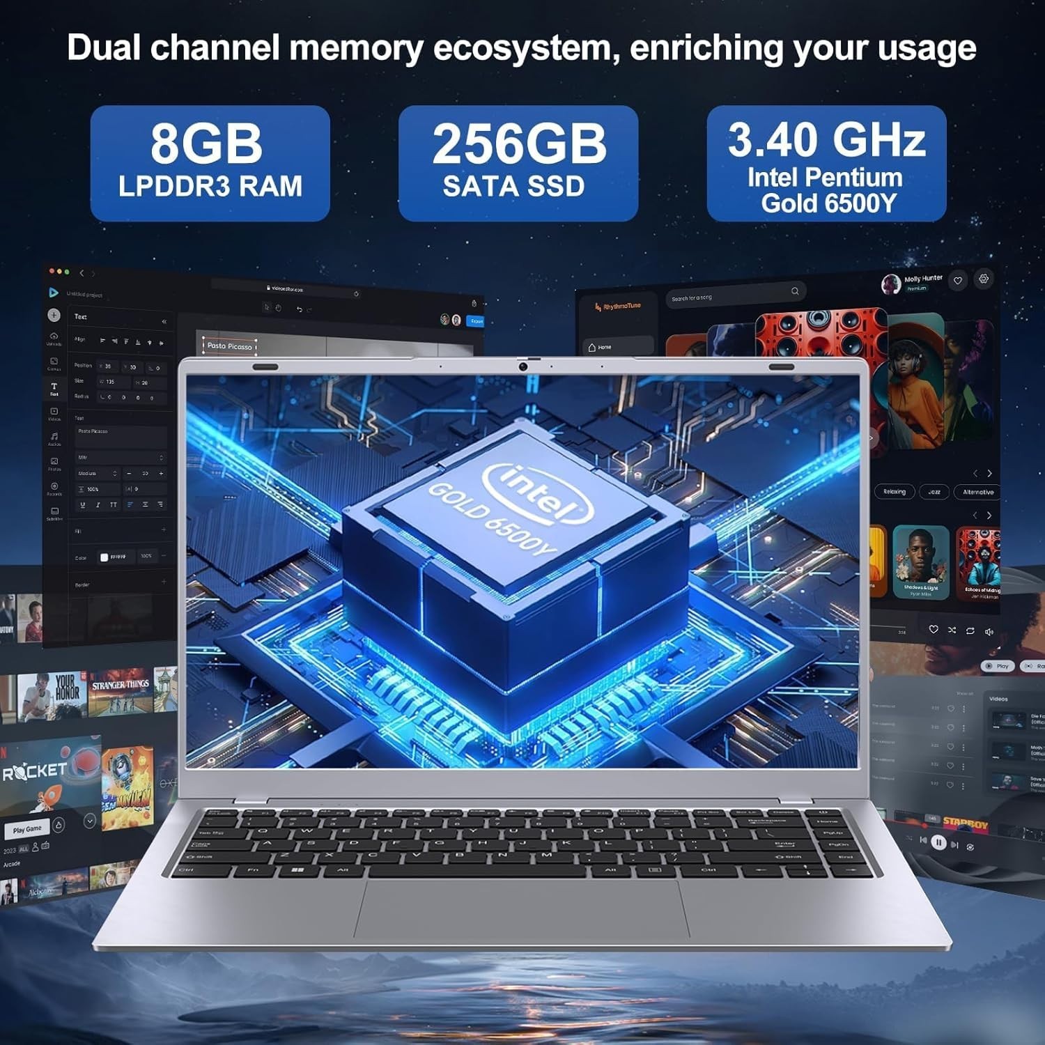 2026 Silver Laptop, Pentium Gold 6500Y ProcessorUp to 3.4GHz,8GB RAM 256GB SS…