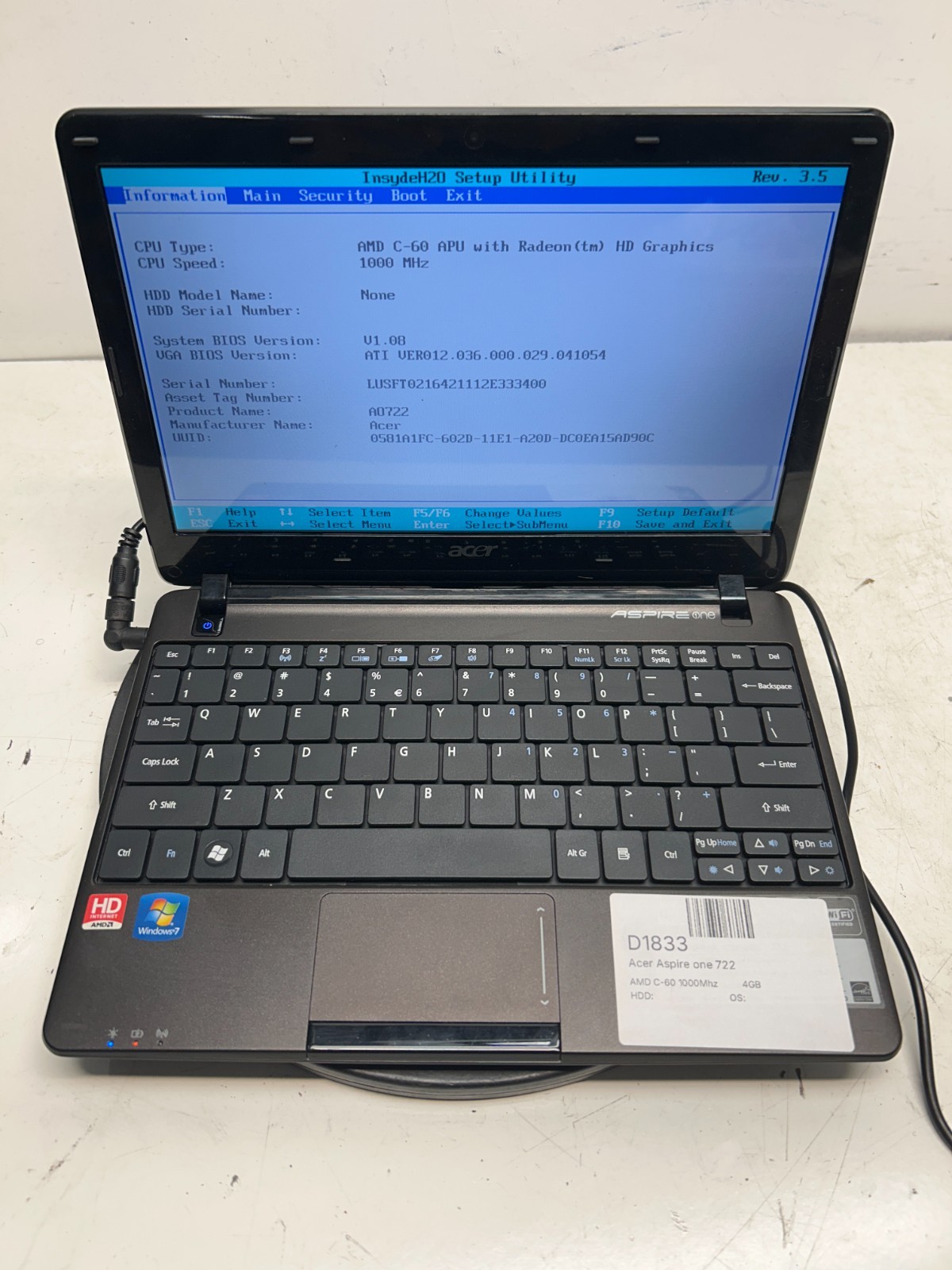 Acer Aspire One 722 AMD C-60 1000Mhz 4GB NO HDD