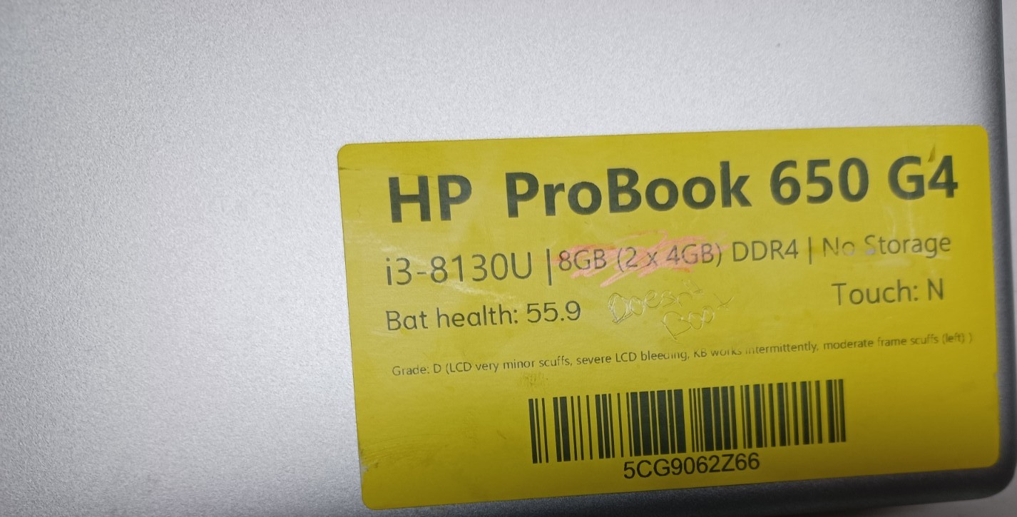 HP ProBook 650 G4 i3-8130U No RAM No Storage 55.9 battery life For Parts
