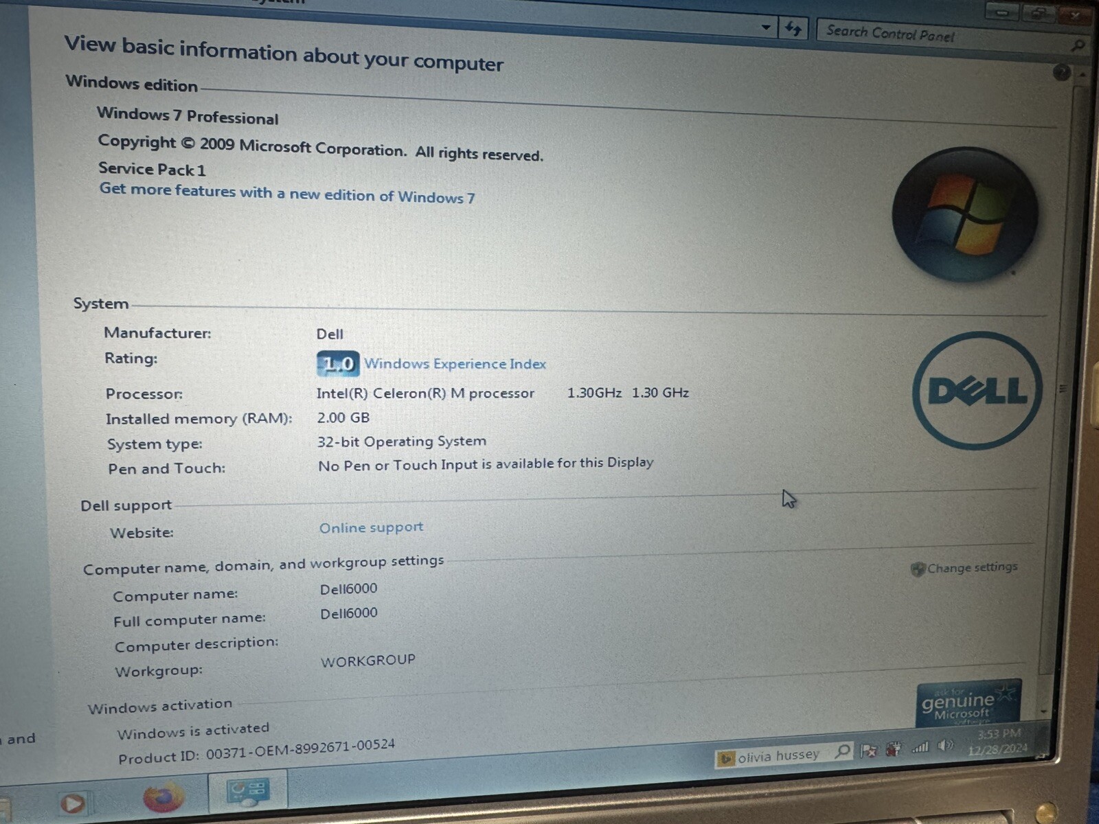 Dell Inspiron 6000 Laptop, 15.1 TFT, Win10Home, Celeron 1.33, 80GB, 2GB, DVD-RW