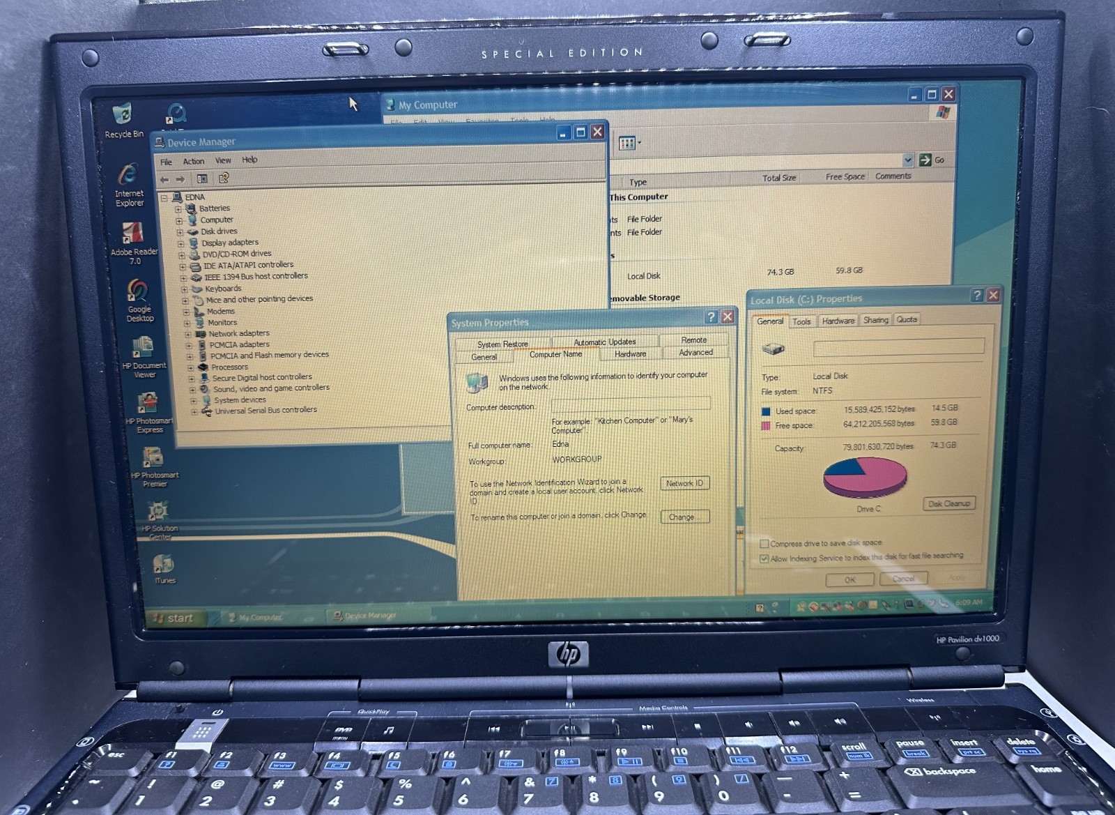 HP PAVILION SPECIAL EDITION DV1000 WIN XP LAPTOP, 80GB, 504MB, STRICTLY AS-IS