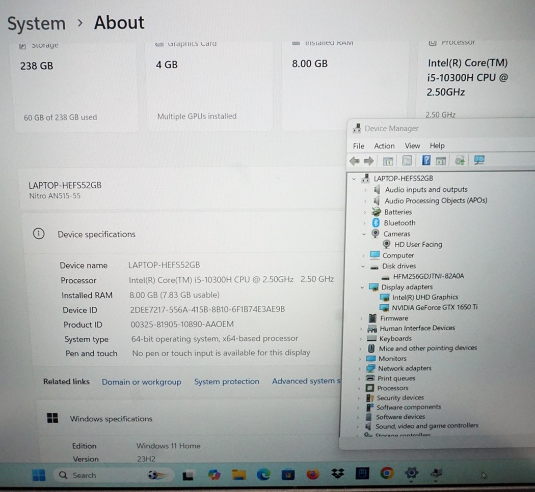 Acer Nitro 5 AN515-55 15.6″ 144Hz i5-10300H 2.5GHz 8GB RAM 256GB SSD GTX 1650 Ti