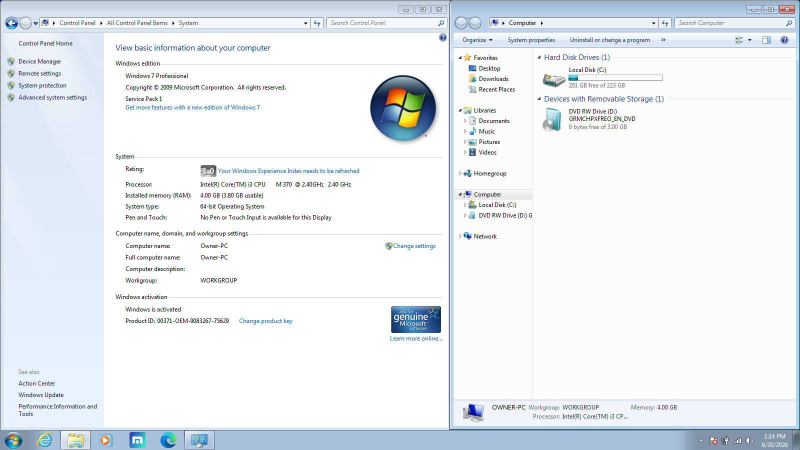 Dell N7010 Core i3 @ 2.4 GHz, 4GB, 230GB SSD, Win7 Pro, Bad Battery, No Charger