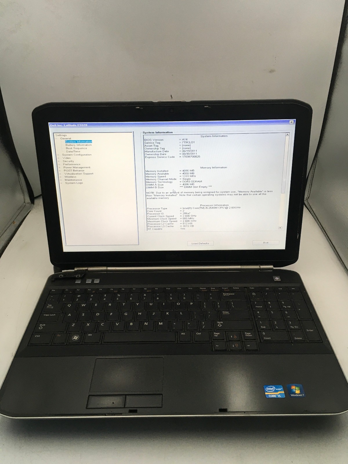 DELL LATITUDE E5520 – BOOTS TO BIOS – INTEL I5 2540 – NO RAM – READ DESCRIP -BB