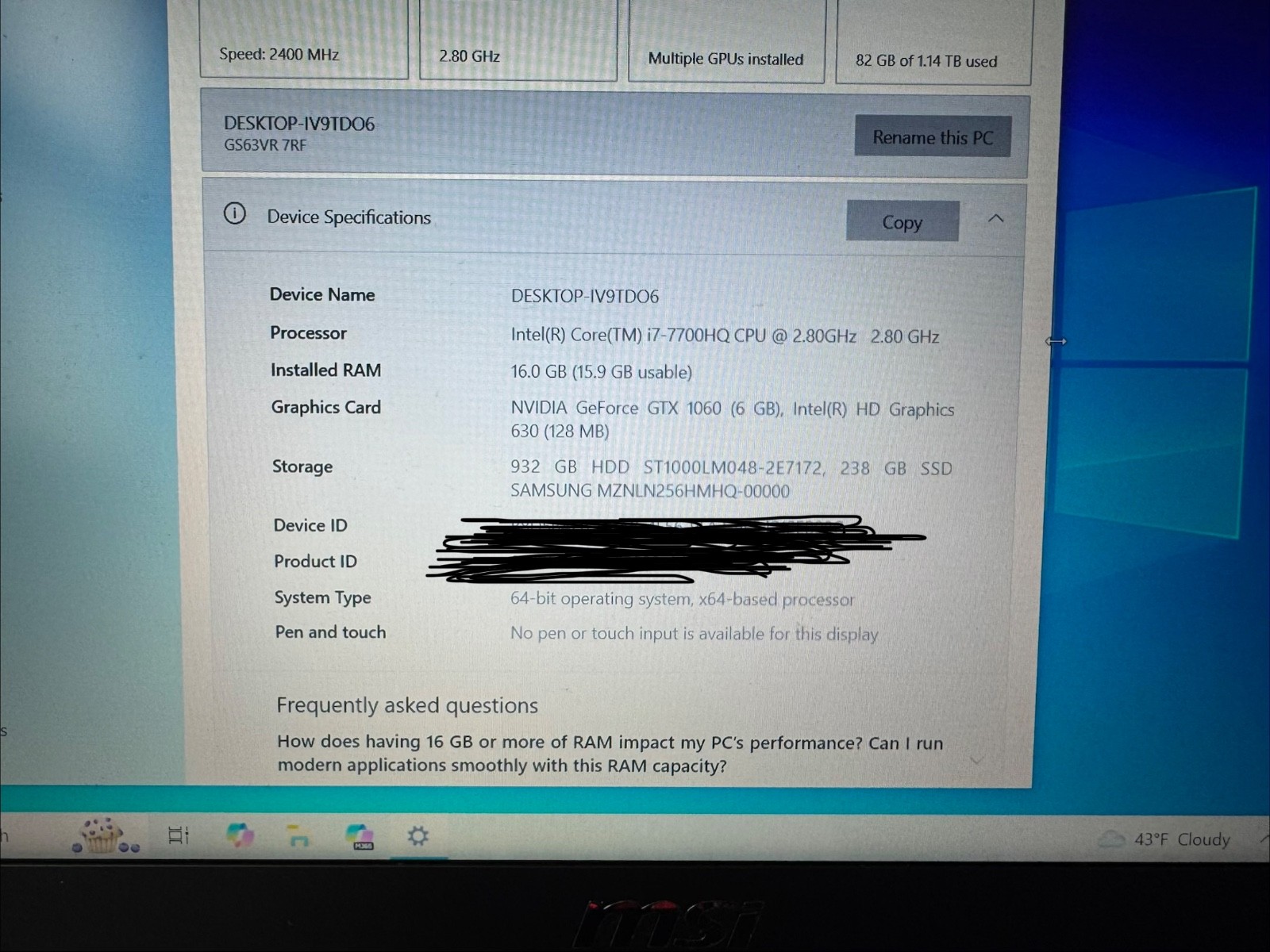 Msi gaming laptop NVIDIA GTX 1060