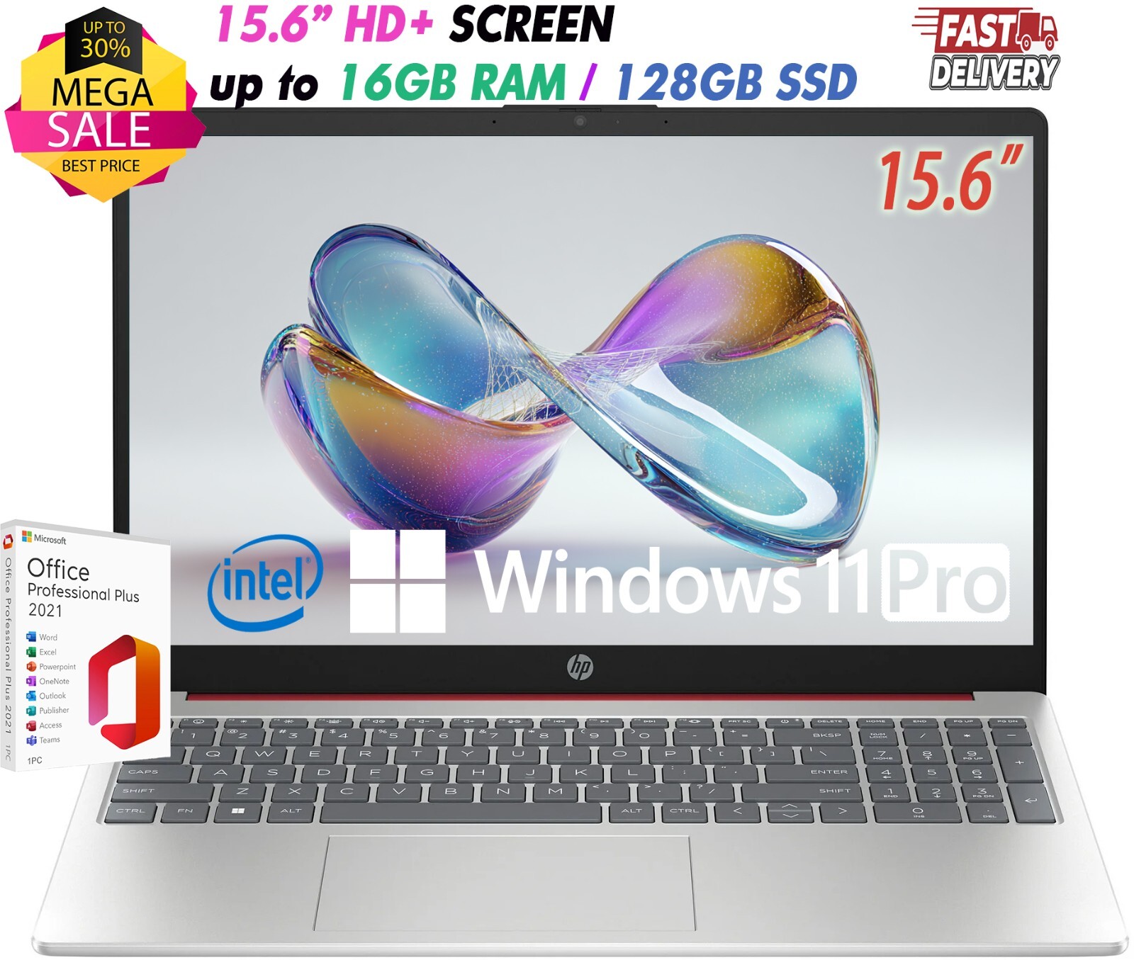 HP Slim Laptop 15.6″ Intel N200 Up to 16GB RAM & 128B SSD Win11 Pro+OFFICE – Red