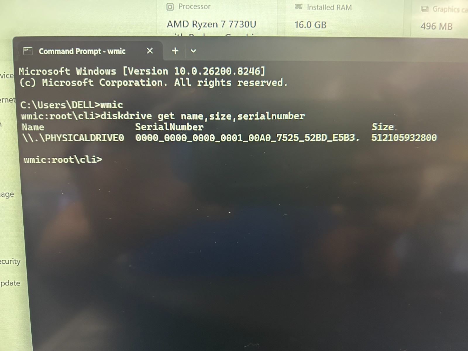 DELL 15 DC15255 G8MK9, AMD Ryzen 7 7730U, 2.00 GHz, 16 GB RAM, 512 GB NVMe SSD