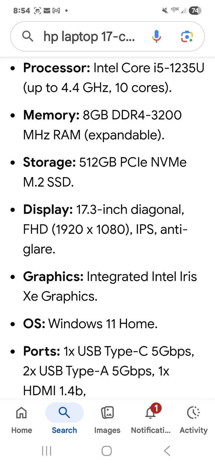 HP 17-cn2068cl 17.3″ FHD i5-1135G7 2.4GHz Intel Iris Xe Graphics 8GB RAM 512GB