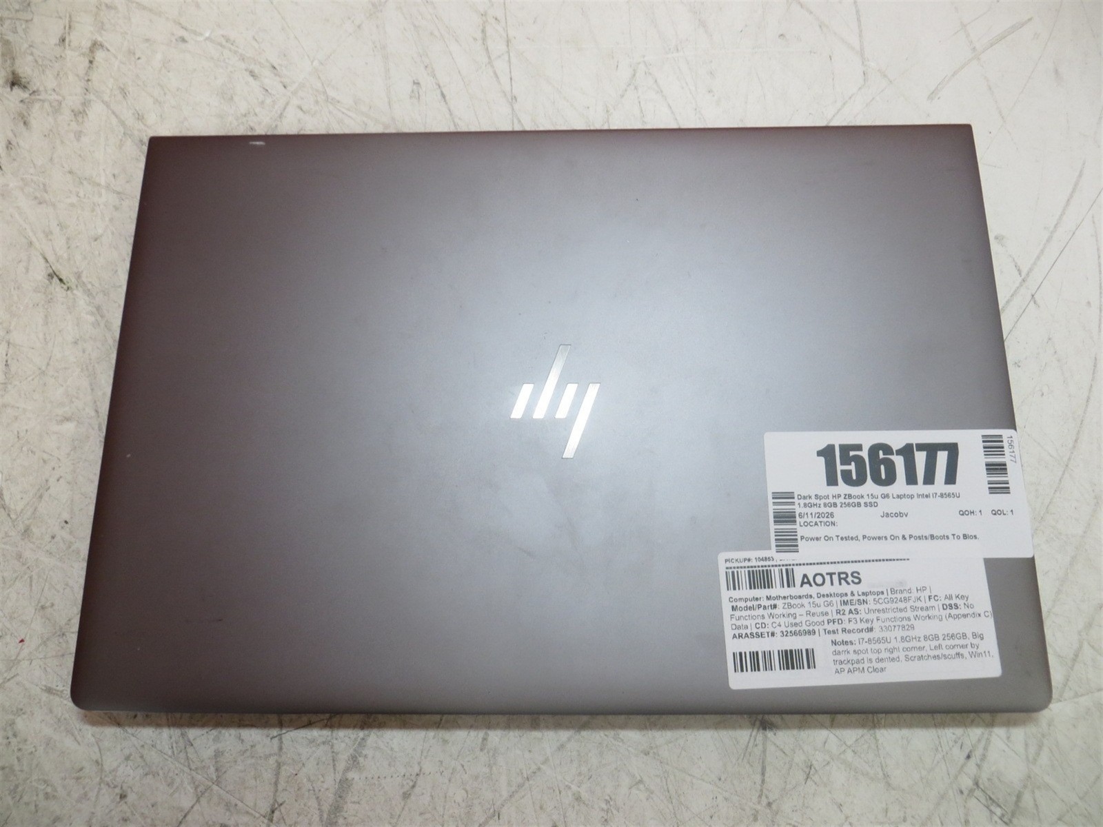 Dark Spot HP ZBook 15u G6 Laptop Intel i7-8565U 1.8GHz 8GB 256GB SSD