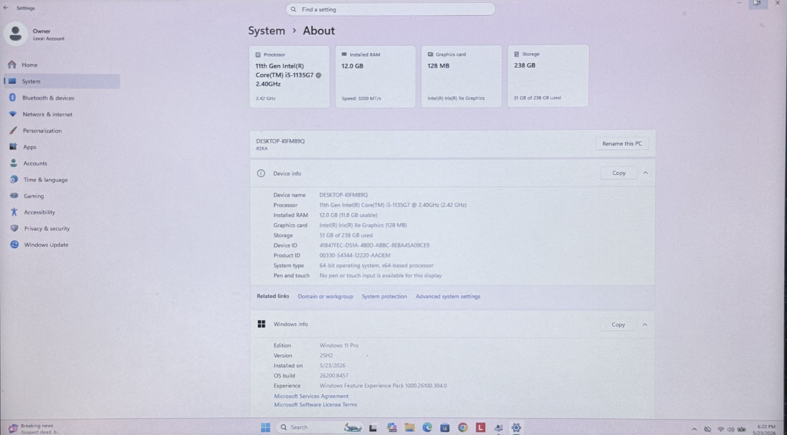 Lenovo V14 G2 ITL 14″ FHD i5 1135G7 2.40 GHz 12Gb Ram 256 GB SSD Win11 Pro