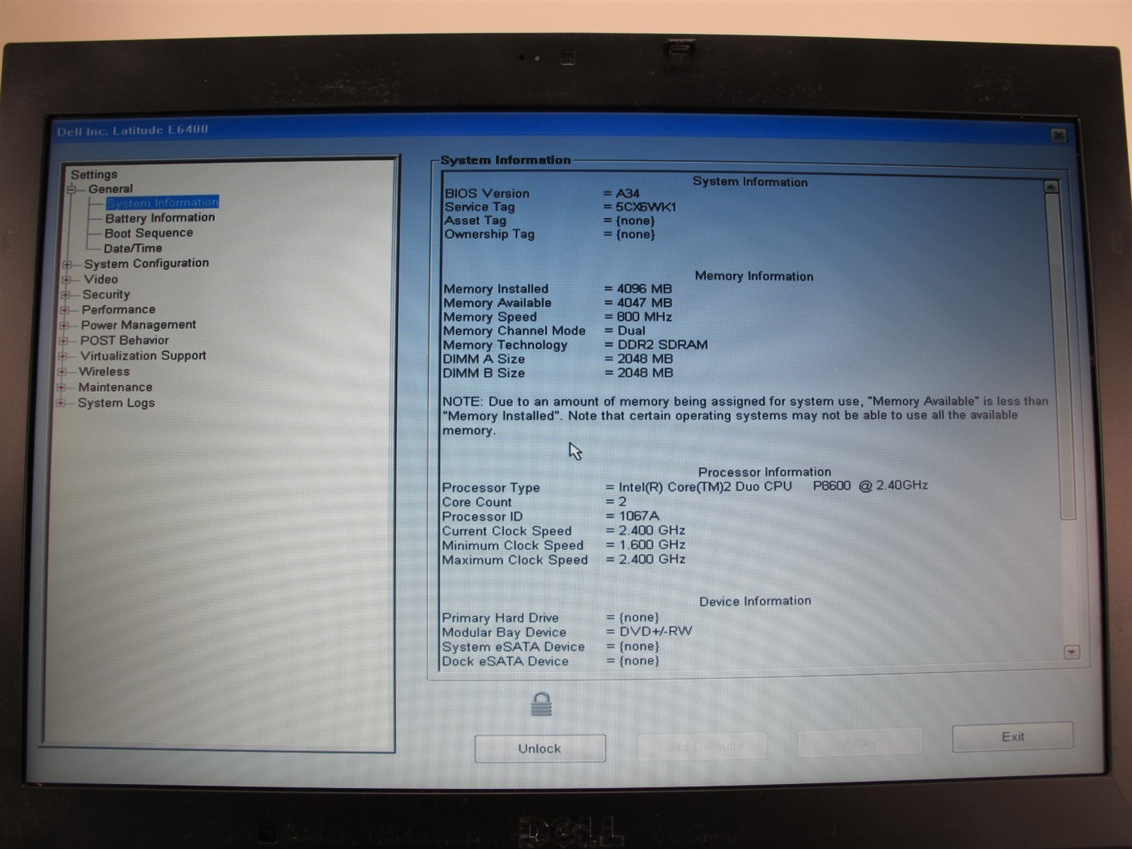 Dell Latitude E6400 Core 2 Duo P8600 2.4GHz 4GB RAM No HDD No OS BIOS Locked