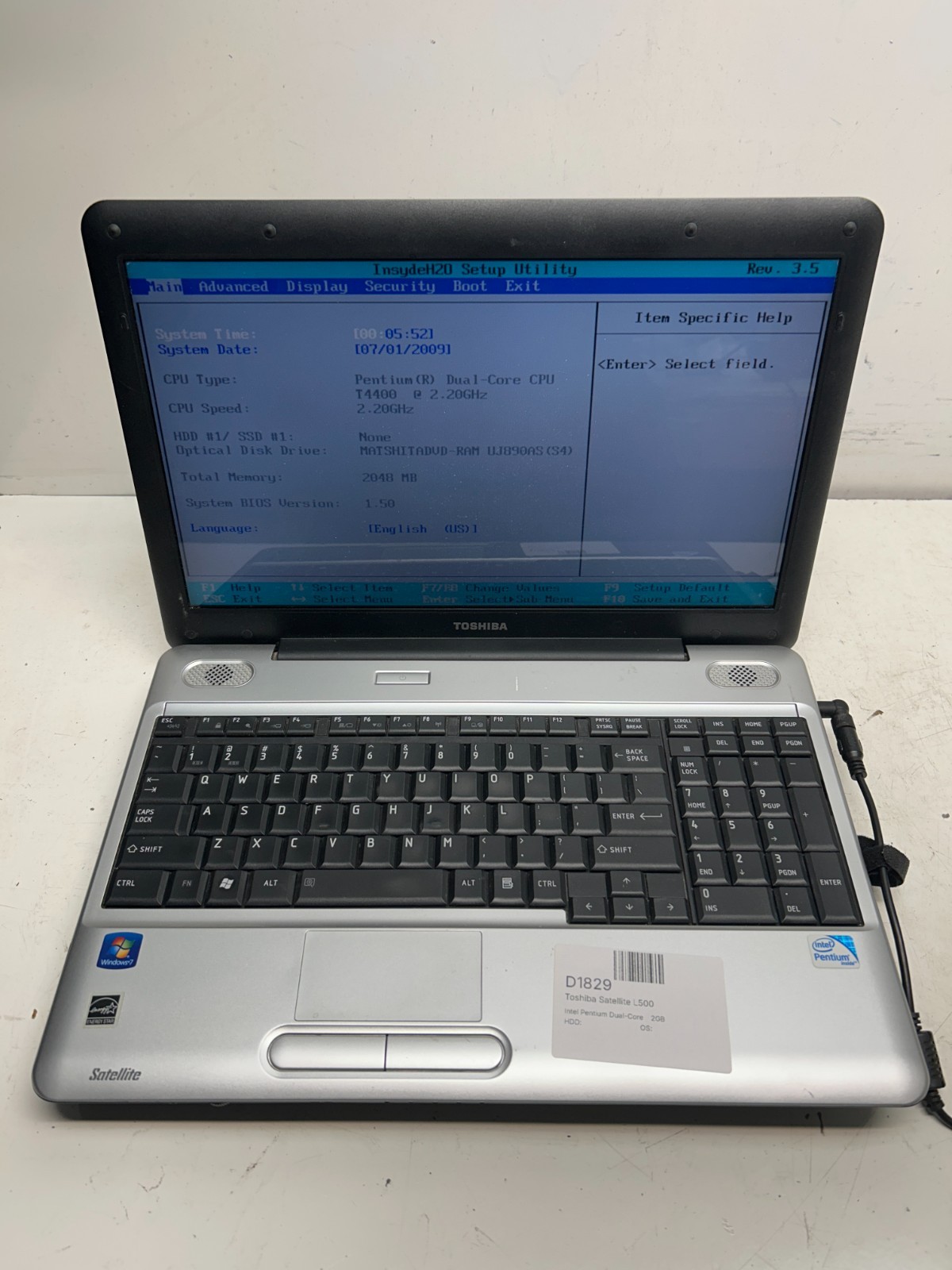 Toshiba Satellite L500 Intel Pentium Dual-Core T4400 2.2GHz 2GB NO HDD