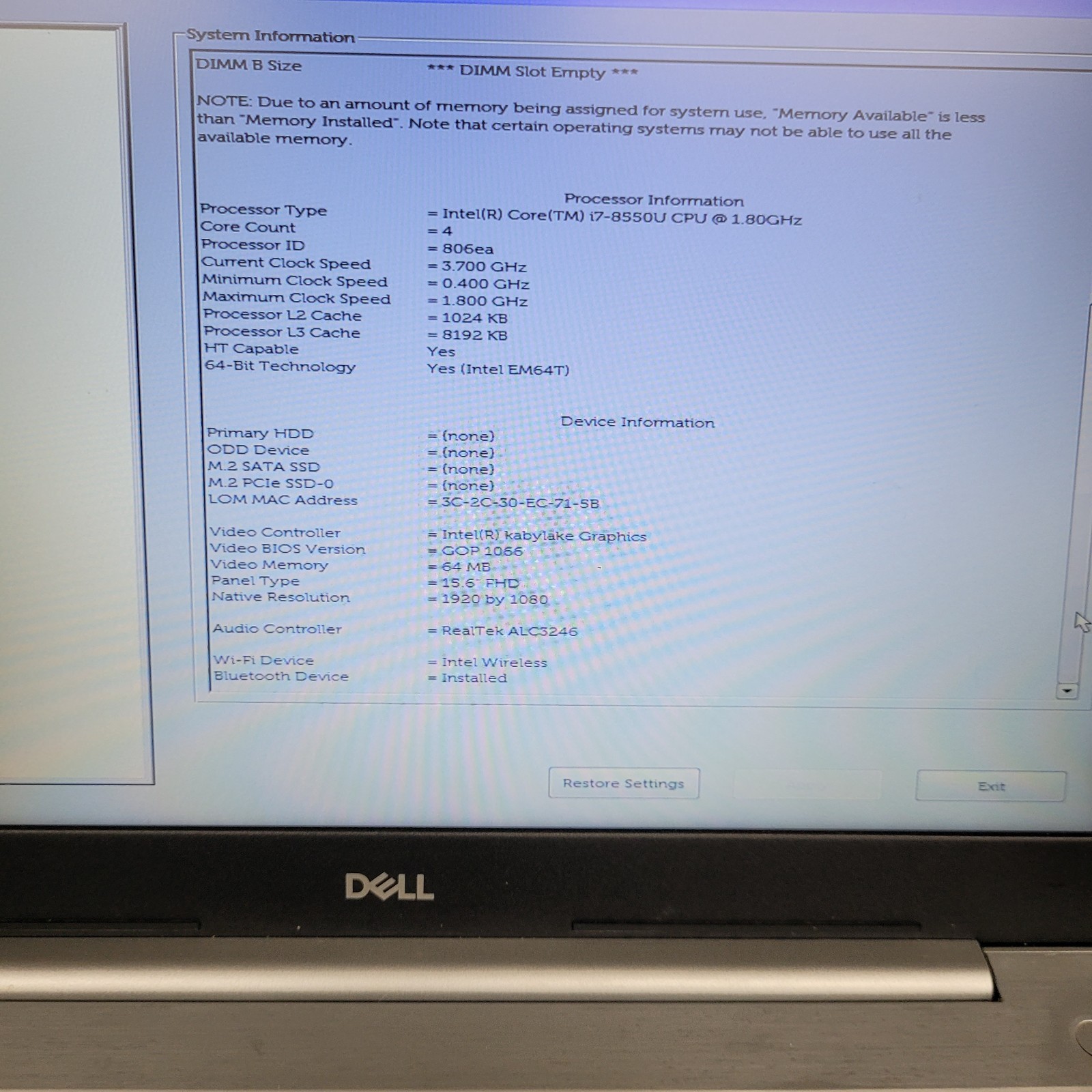 Dell Inspiron 15 5570 15.6″ Core i7-8550u @1.80GHz / 4 GB RAM – NO HDD