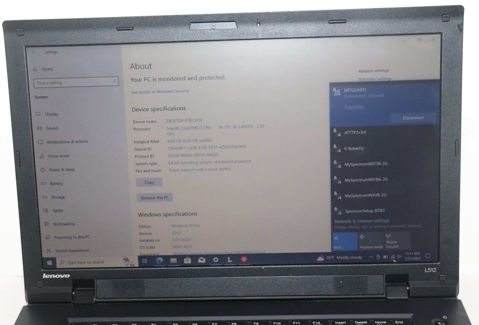 Lenovo ThinkPad L512(i3,128GBSSD, 2.40GHz, 6GB, WIN.10 PROF, WIFI READY)Webcam