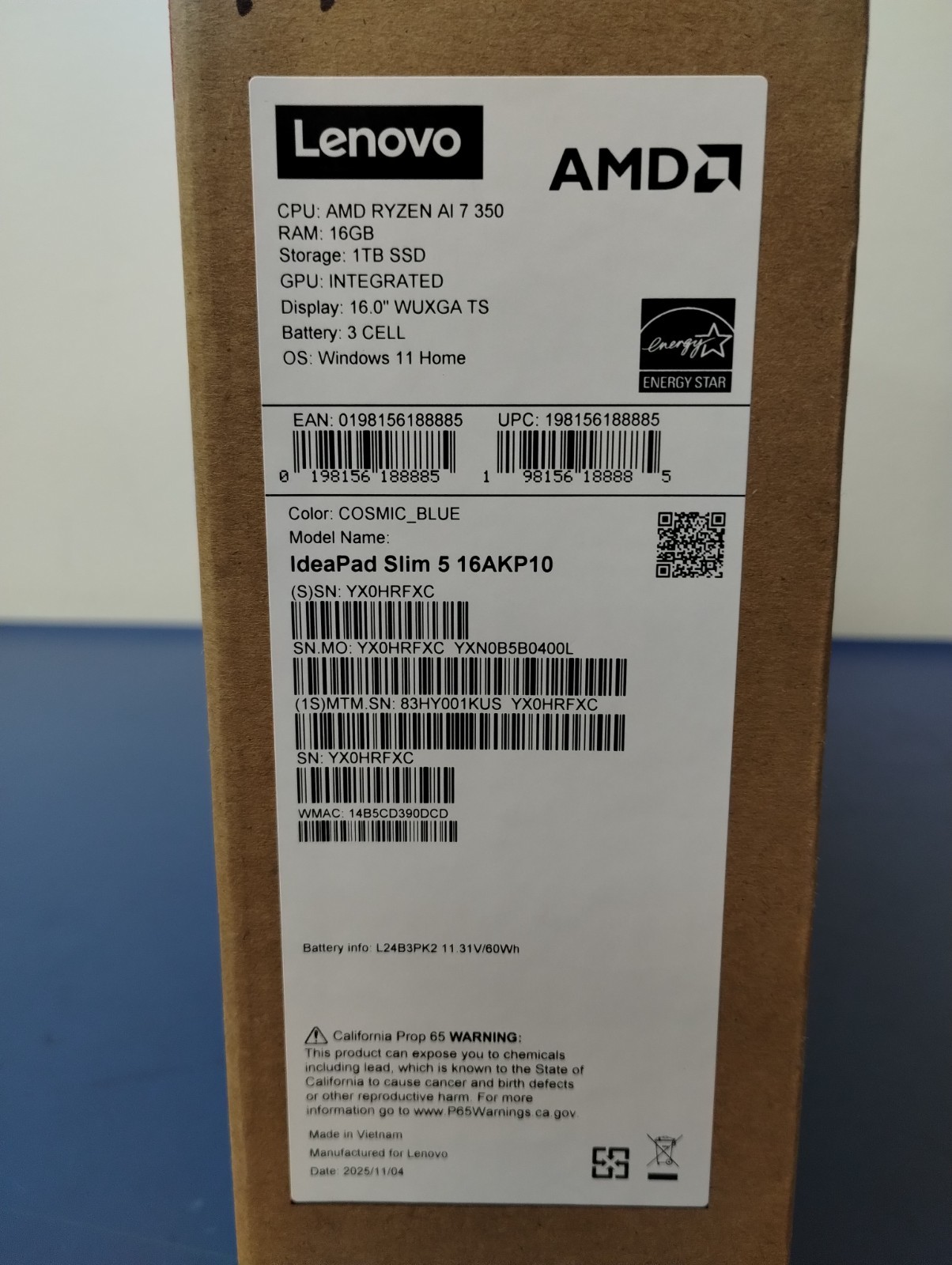 LENOVO IdeaPad Slim 5 16AKP10, AMD Ryzen AI 7 350, 16 GB RAM, 1 TB NVMe SSD
