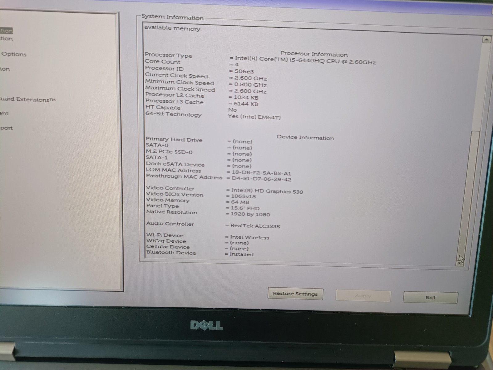 Dell Latitude E5570 15.6″ i5-6440HQ 2.6GHz 8GB RAM WIN10 Pro NO SSD NO A/C
