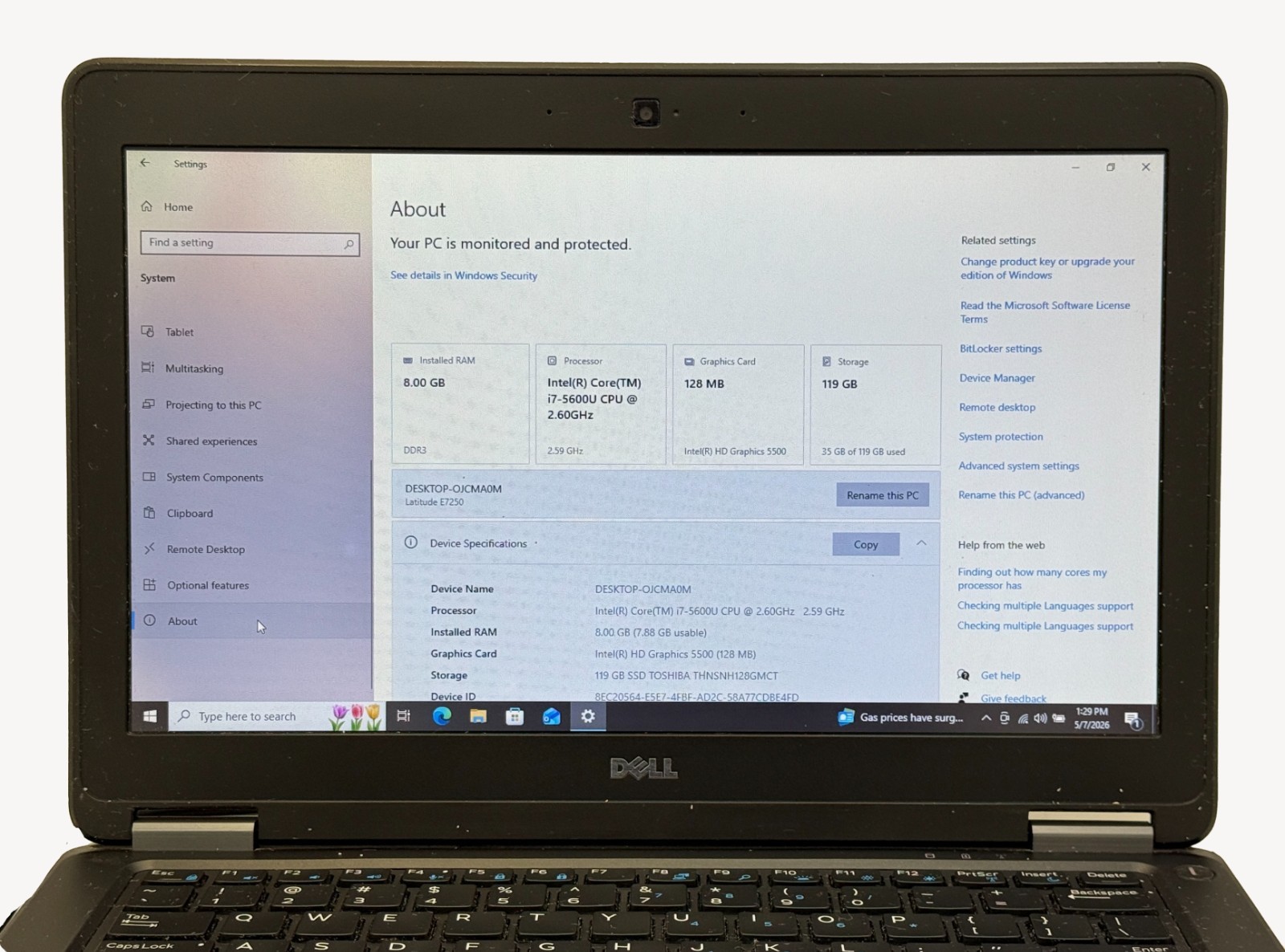 Dell Latitude E7250 i7-5600u 2.6GHz 8GB RAM 128GB SSD