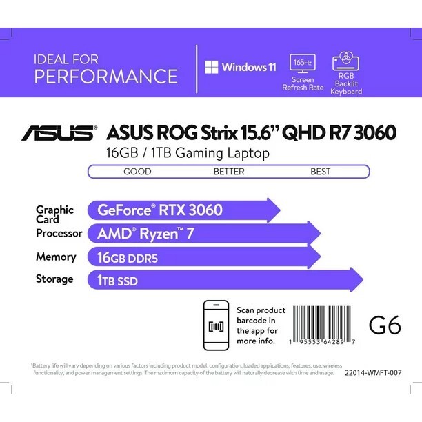 ASUS ROG R7 3060 Laptop; ASUS ROG Strix G15 15.6″ WQHD, AMD Ryzen 7 6800H, NVIDI