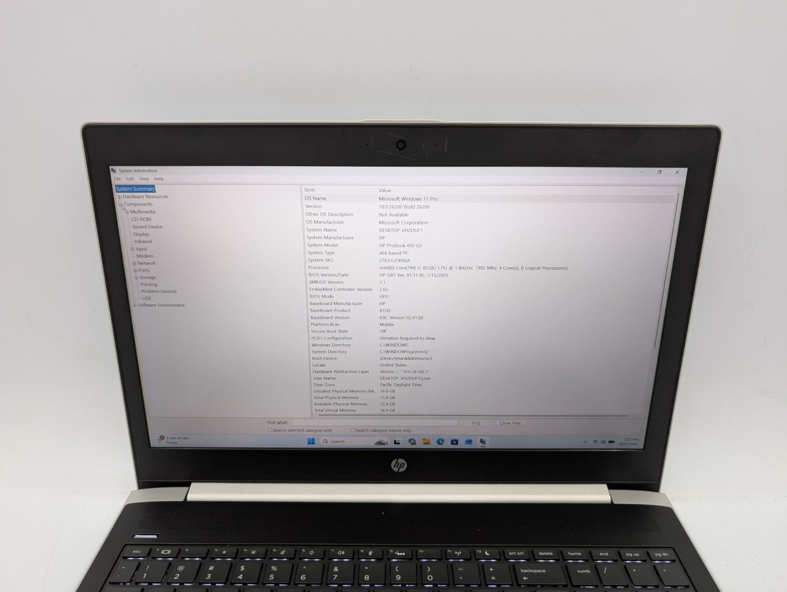 HP ProBook 450 G5 15.6″ Laptop i7-8550U 16GB RAM 256GB SSD Win11 Pro