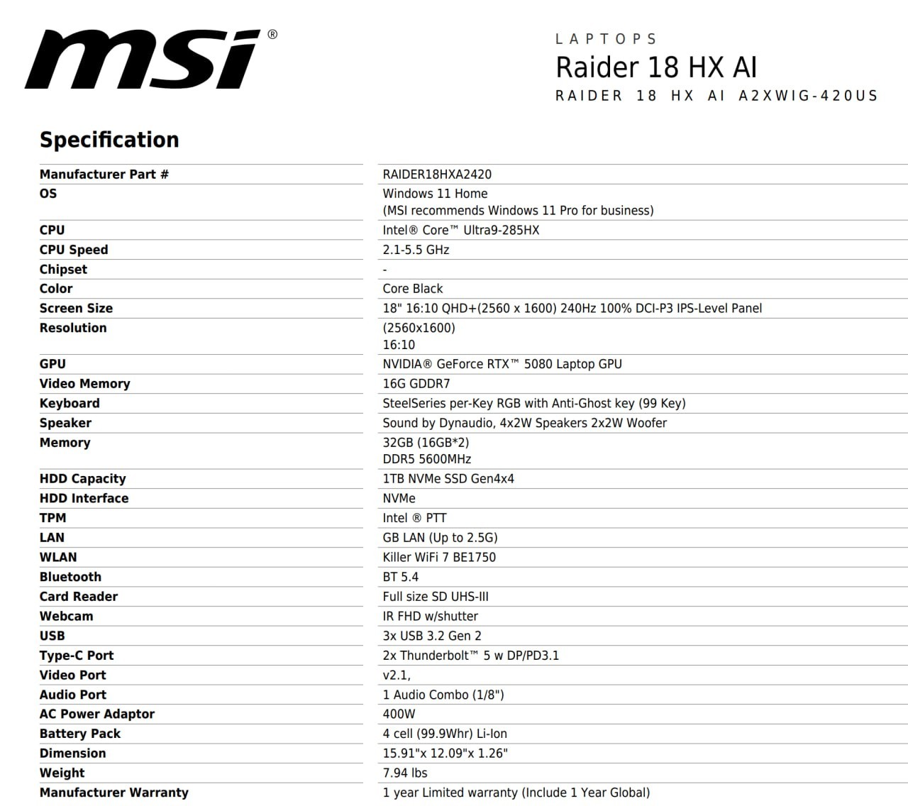 MSI Raider 18 HX AI Intel Core Ultra 9-285HX NVIDIA RTX 5080 32GB RAM 1TB SSD