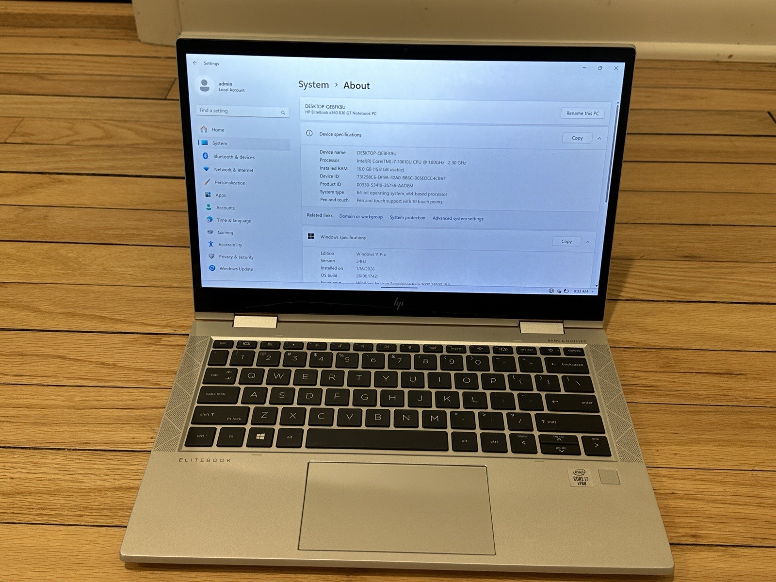 HP EliteBook X360 830 G7, Intel i7 10610U, 256GB, 16GB RAM, Windows 11 Pro