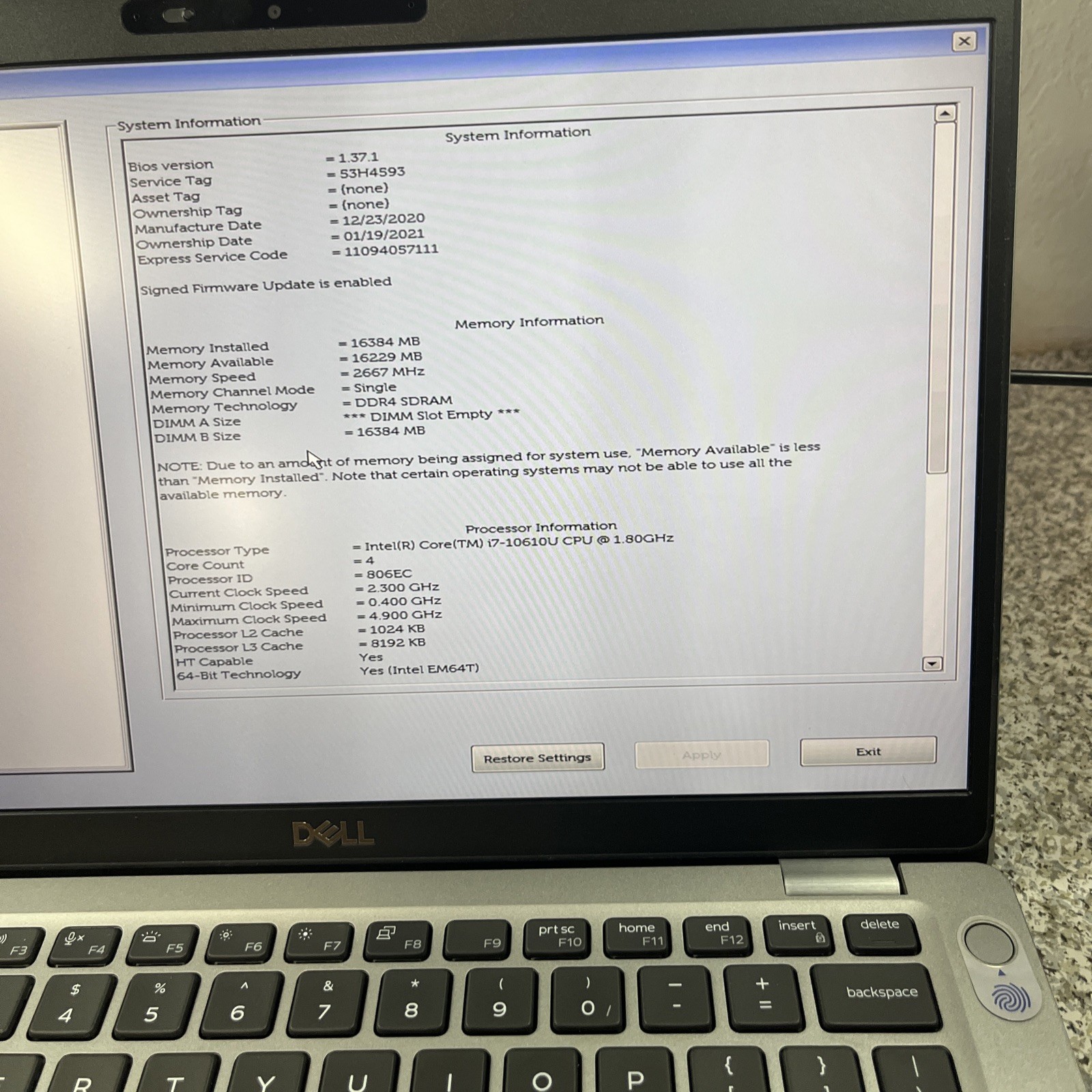 DELL LATITUDE 5410 CORE I7-10810U 16GB RAM NO DRIVE
