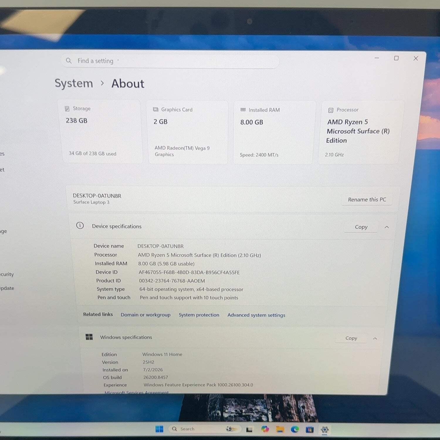 Microsoft Surface Laptop 3 1873 15″ Ryzen 5 2.1GHz 8GB RAM 128GB SSD