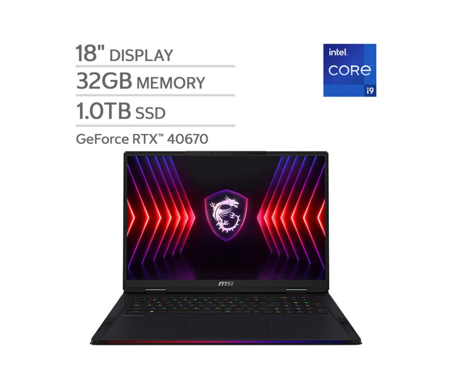 MSI RAIDER 18 HX A14VGG 18″ QHD+ I9-14900HX 32GB 1TB SSD RTX 4070 +FPR – BLACK