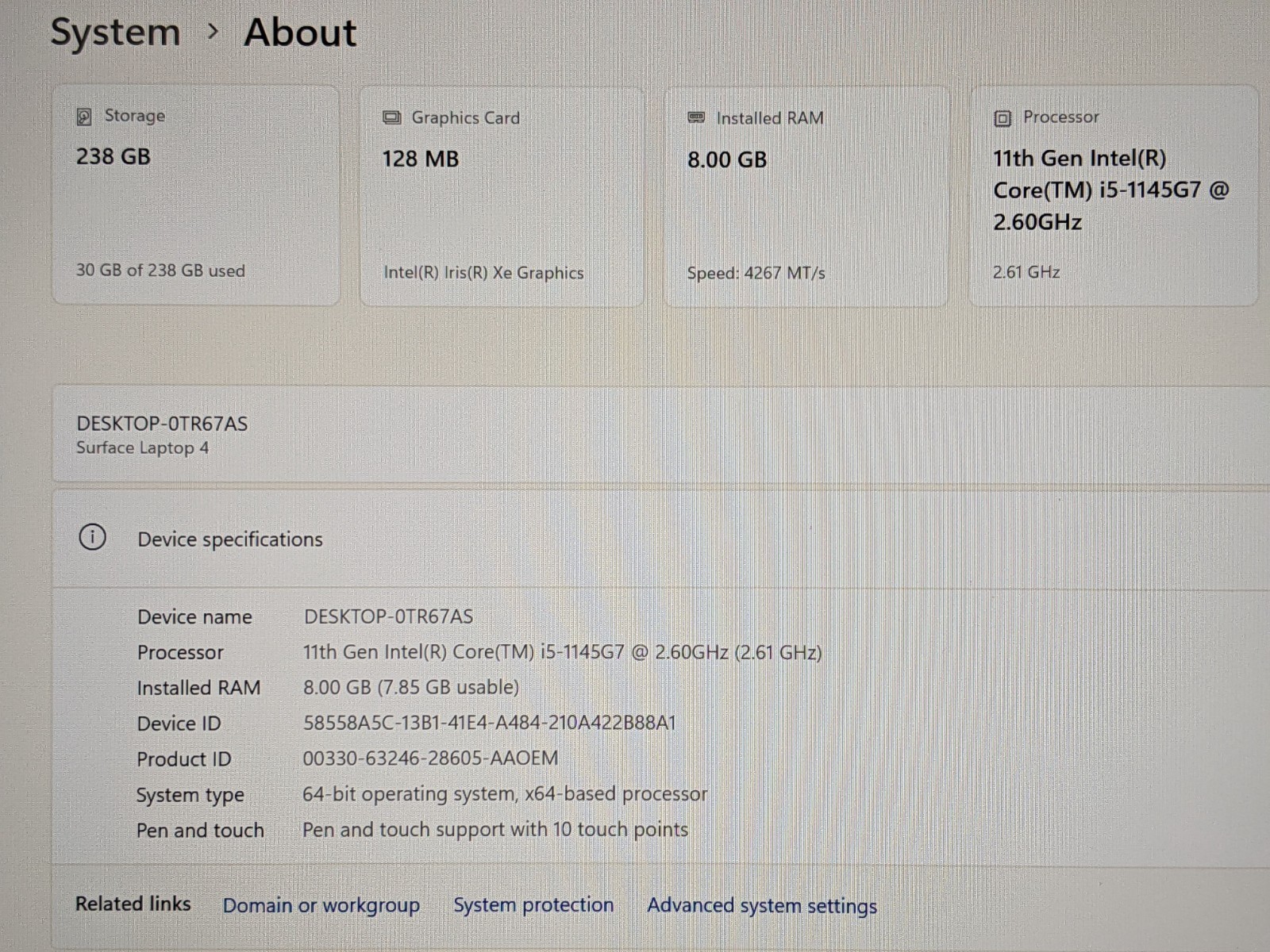 MS Surface Laptop 4 1950:1951 13.5″ 2256×1504 TOUCH i5-11th 2.6GHz 8GB 256GB +PA