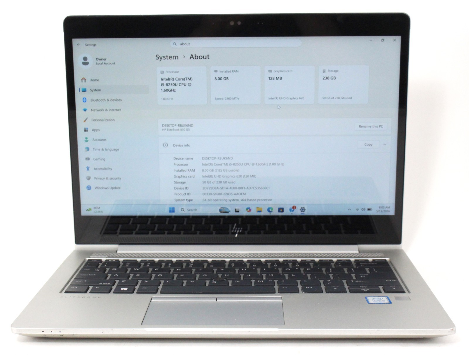 HP Elitebook 830 G5 13.3″ 1.6GHz i5-8250U 256GB SSD 8GB RAM Win 11 Pro ; 6181339