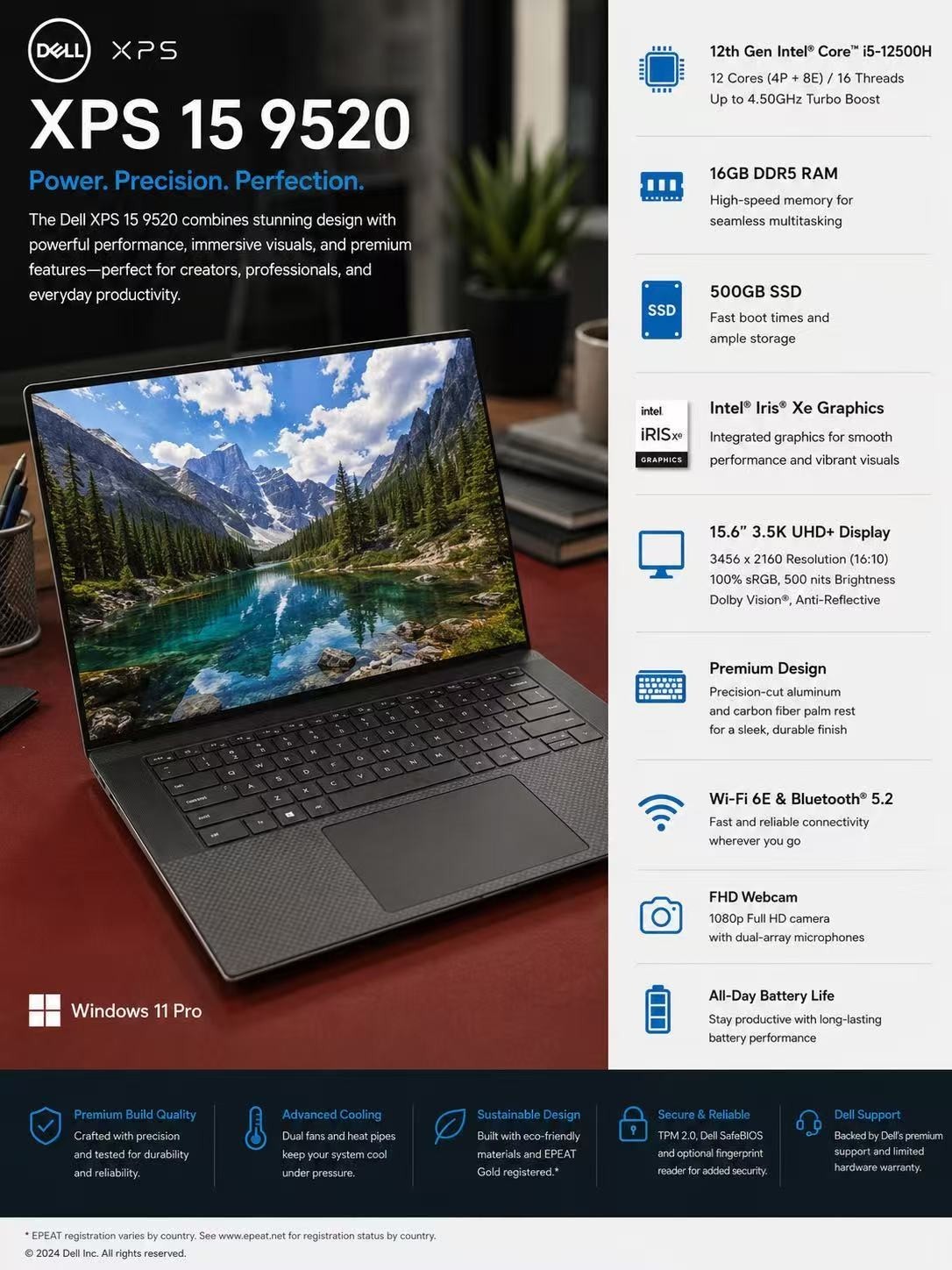 Dell XPS 15 9520 i5-12500H 16gb DDR5 Ram 500gb SSD Iris Xe W11P Laptop