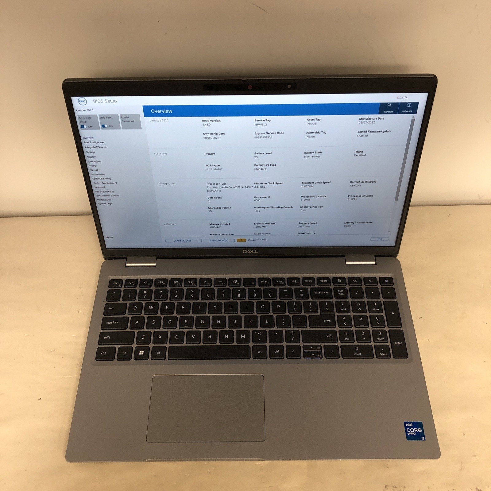 Dell Latitude 5520 i5-1145G7 16GB RAM NO SSD | Boot To Bios