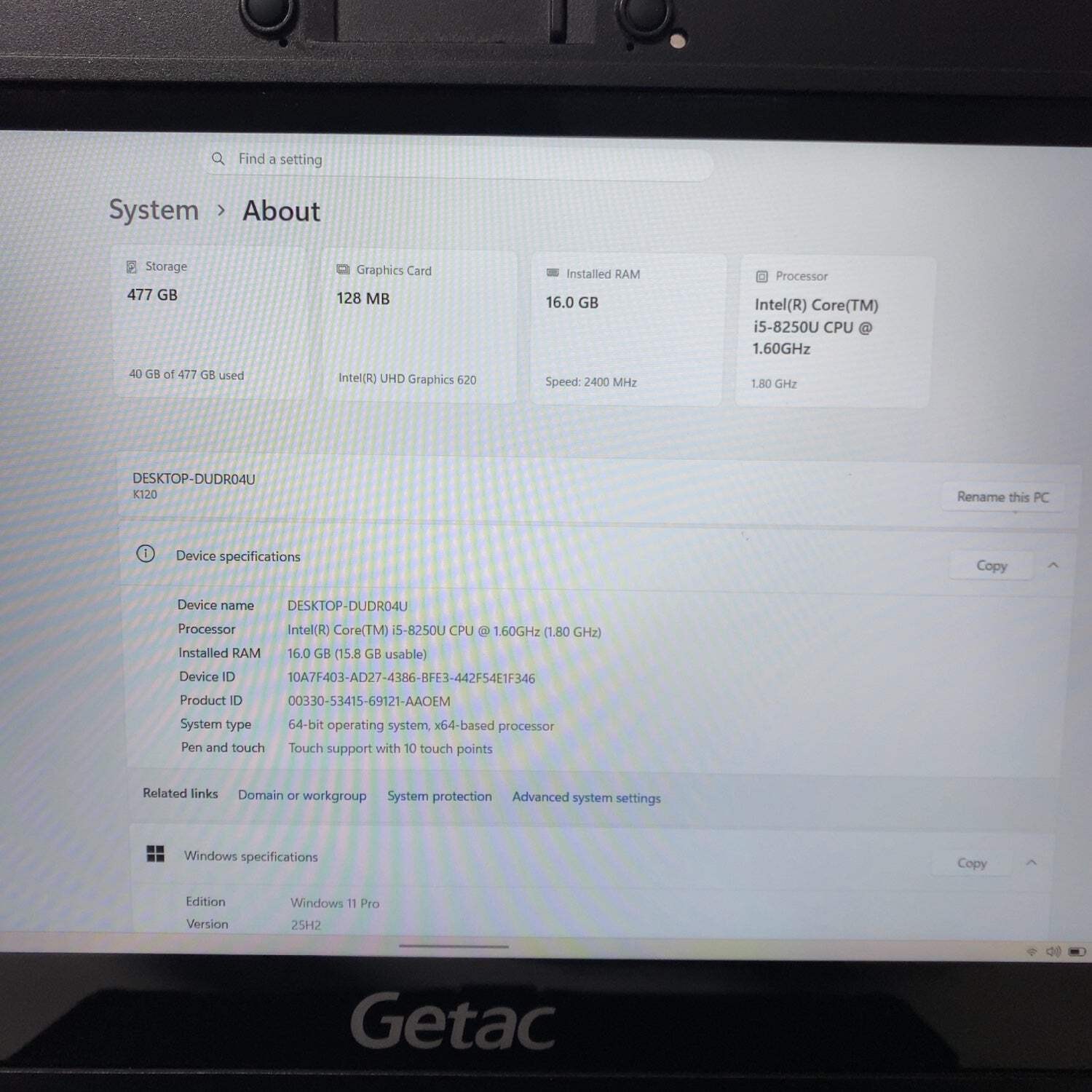 Getac Rugged Touchbook K120 12.5″ i5-8250U 1.8GHz 16GB RAM 512GB SSD