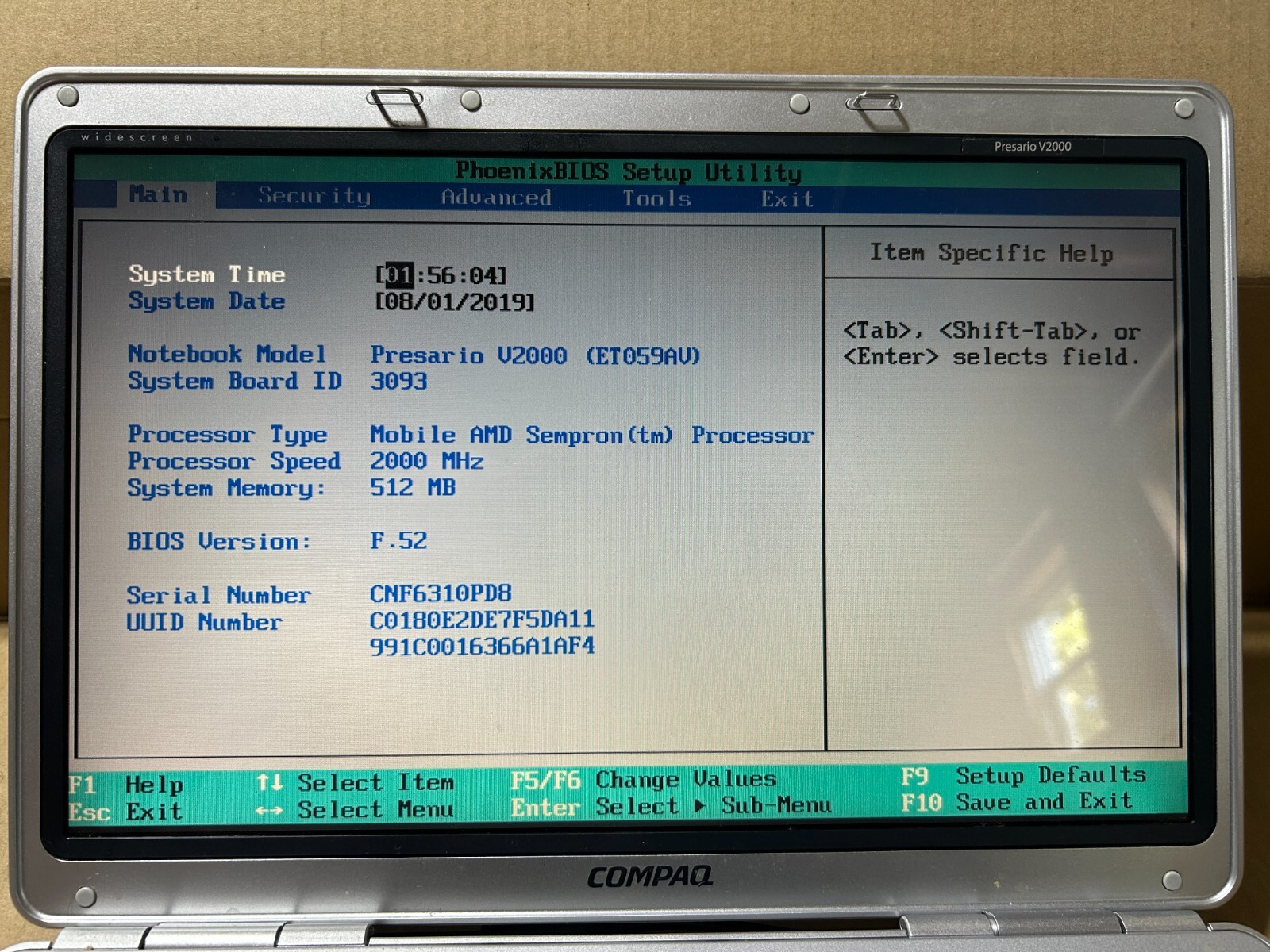 Used – Parts – Vintage Compaq Presario V2000 Laptop – AMD Sempron – 512MB RAM