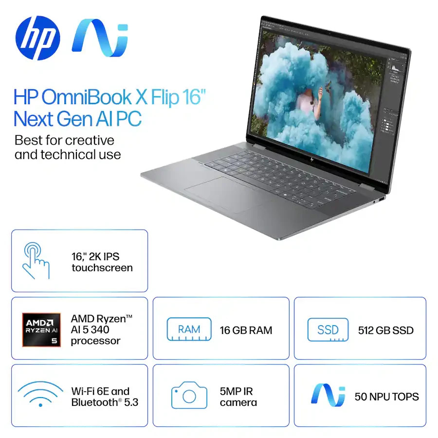 HP OmniBook X Flip 16″ 2K Touch AMD Ryzen AI 5 2025 – 16GB Memory – 512GB SSD