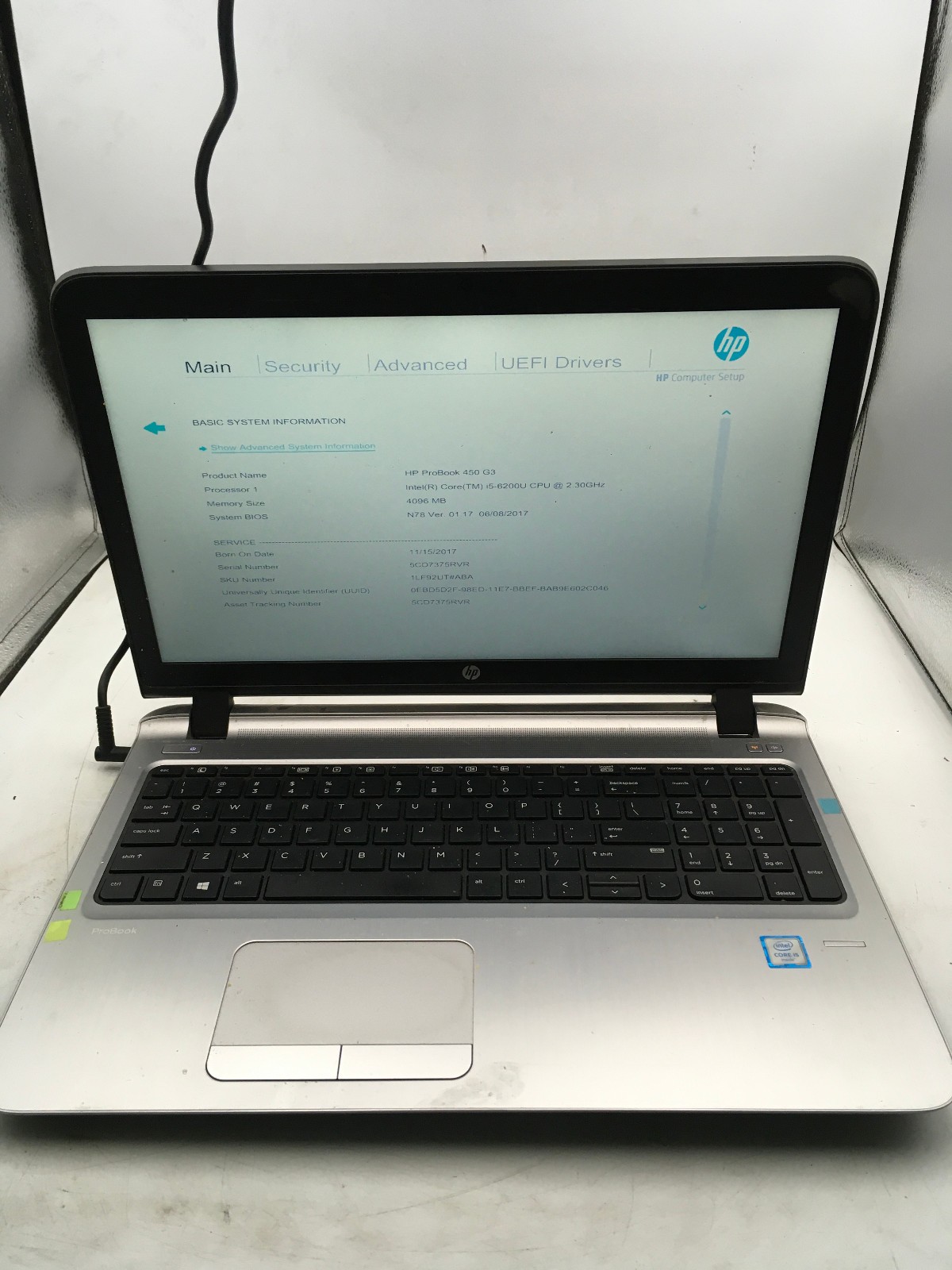 HP PROBOOK 450 G3 – BOOTS TO BIOS – INTEL I5 6200U – NO RAM – NO OS – READ – BB!