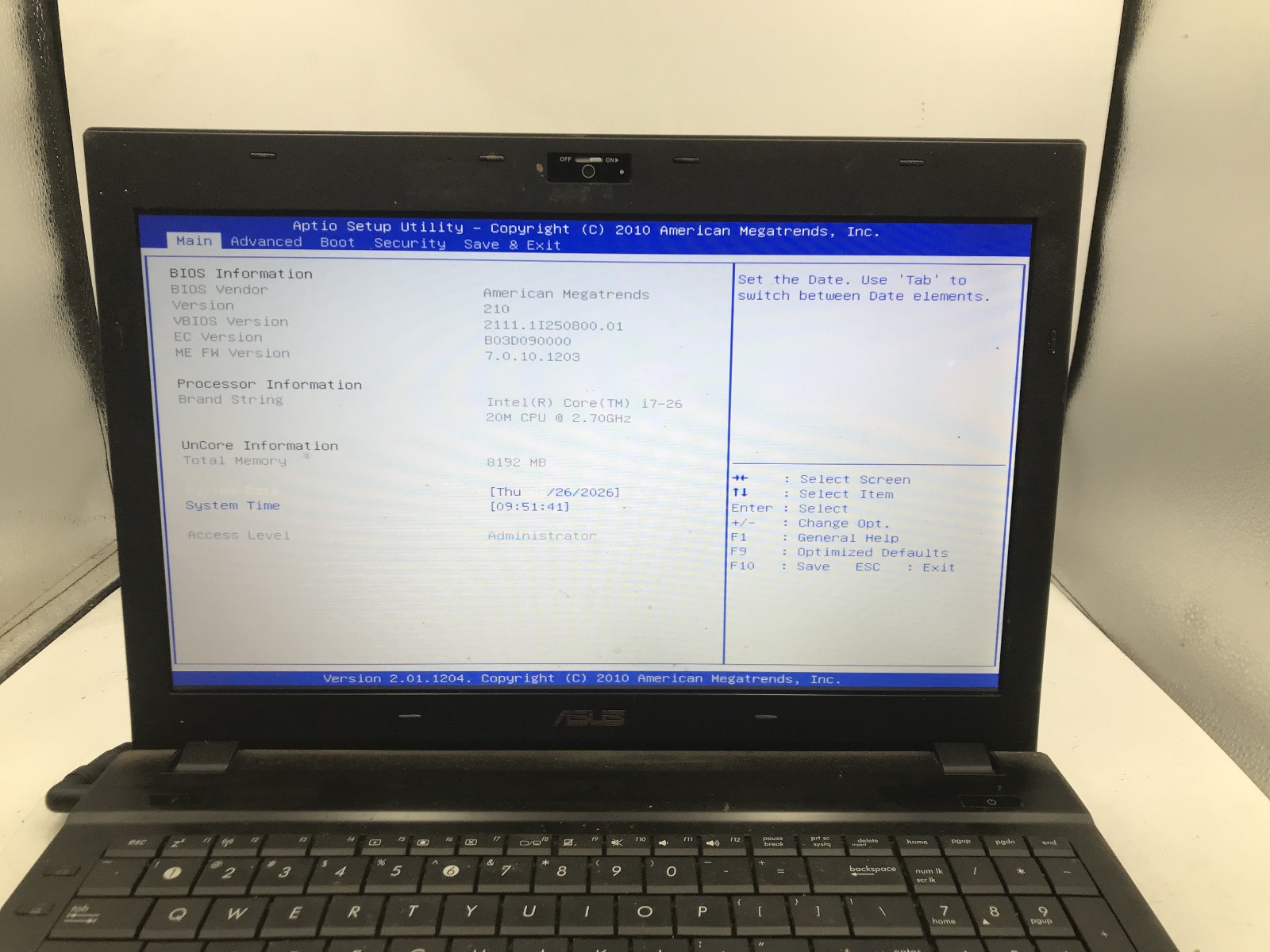 ASUS B53S XH71 – BOOTS TO BIOS – INTEL I7 2620M – 8GB RAM – READ DESCRIP – BB