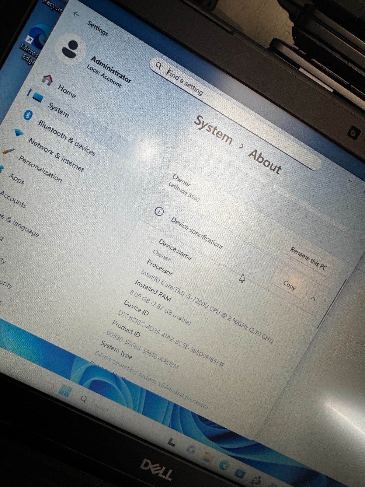 Dell Latitude 3580 Core I5-7200U 500GB SSD 8GB RAM WIFI/BT Laptop #3413