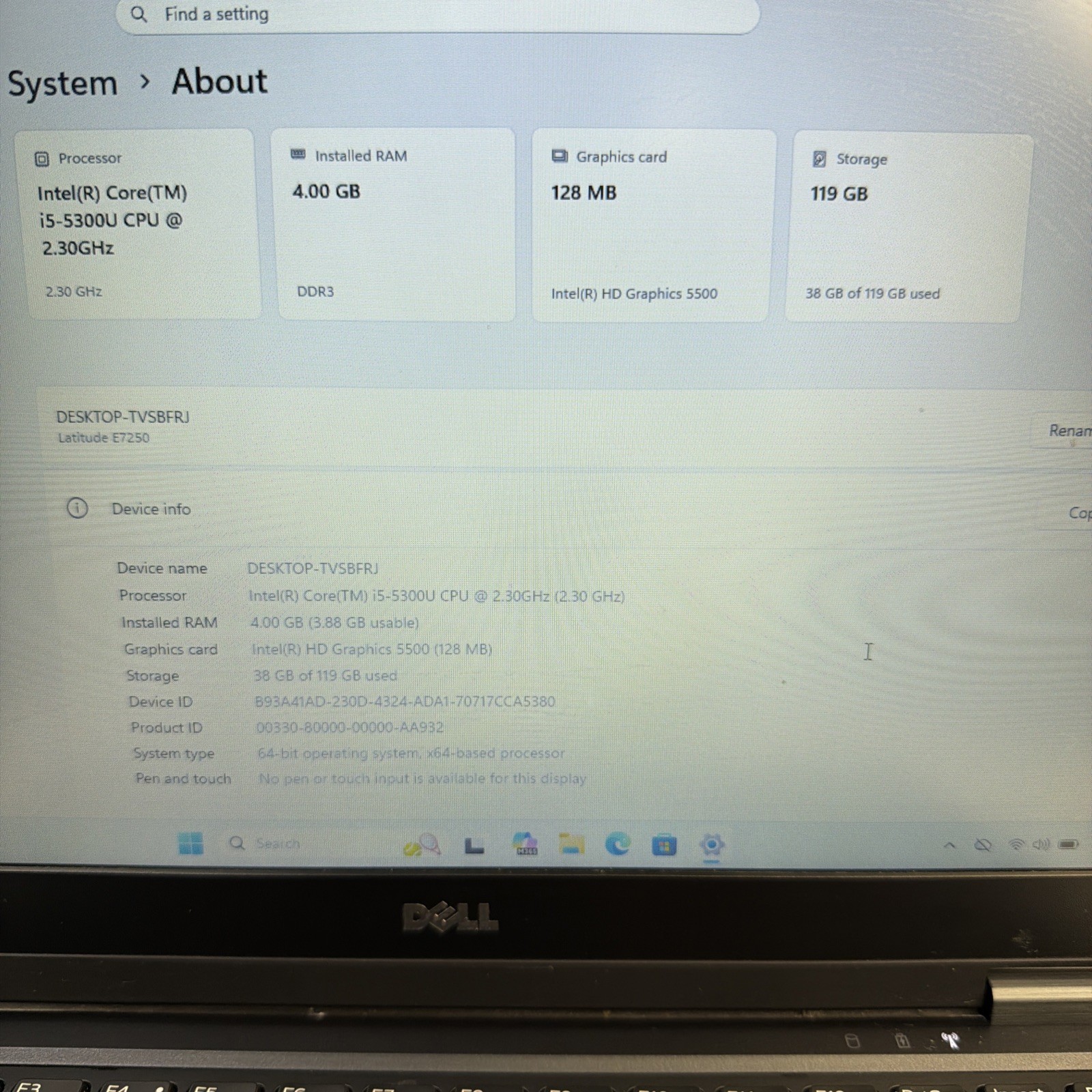 Dell Latitude E7250 Laptop Intel Core 15-5300U CPU @ 2.30GHz 4GB RAM 128HD 13′