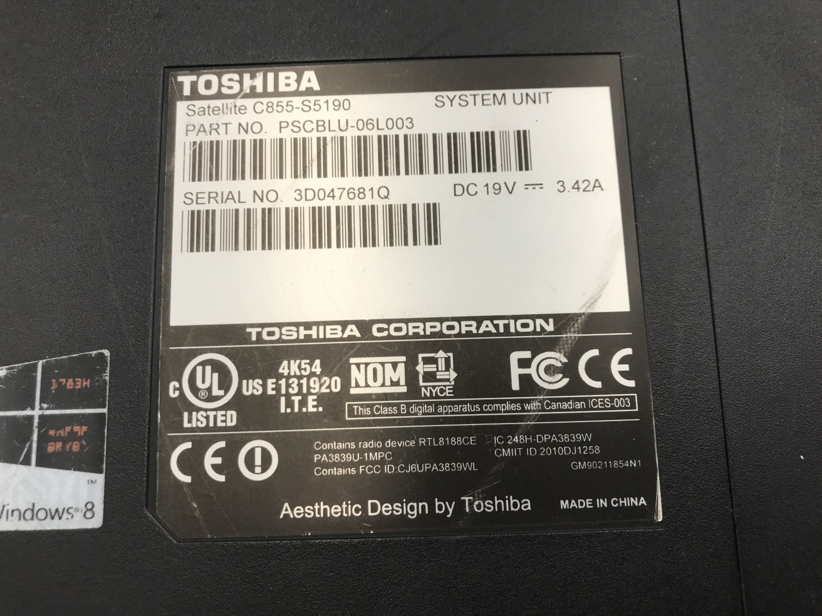 TOSHIBA SATELLITE C855 S5190 – BOOTS TO BIOS – INTEL PENTIUM 2020M – 6GB RAM -BB