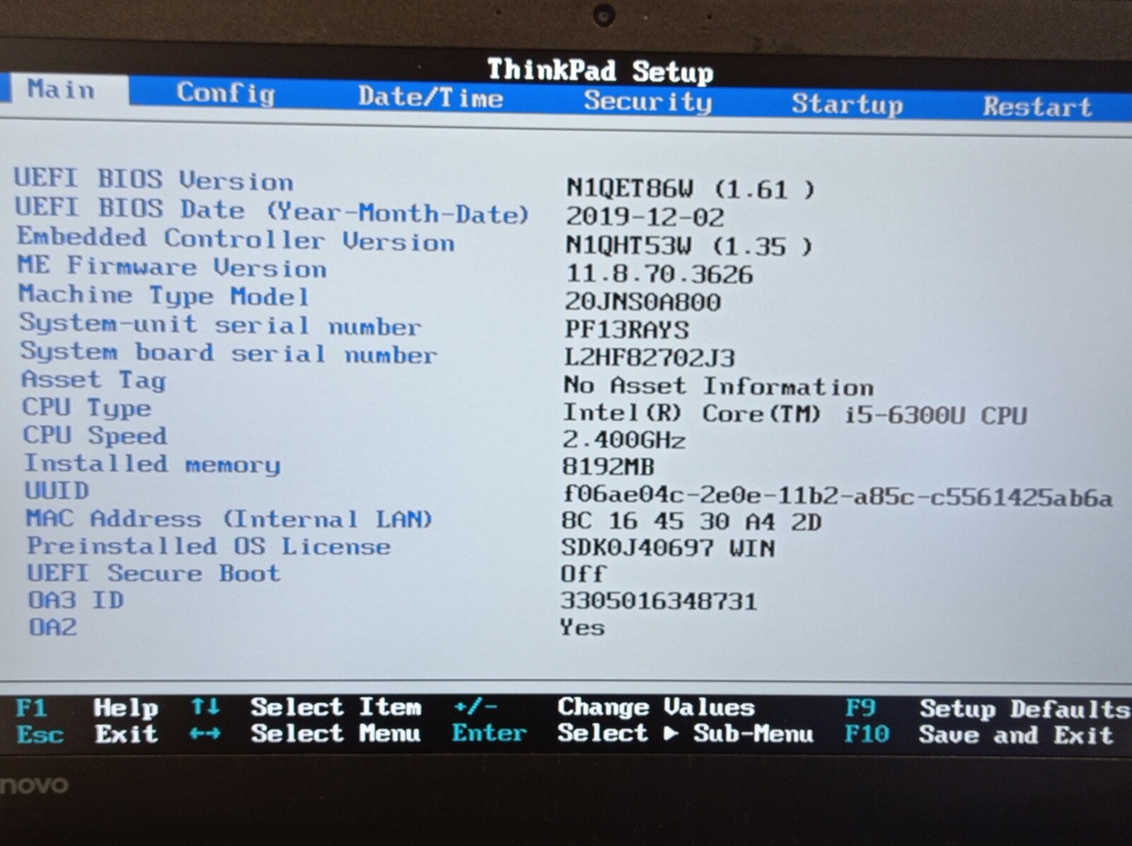 Lenovo T470 Refurbished Notebook CPU I5-6300U RAM 8GB SSD 256GB