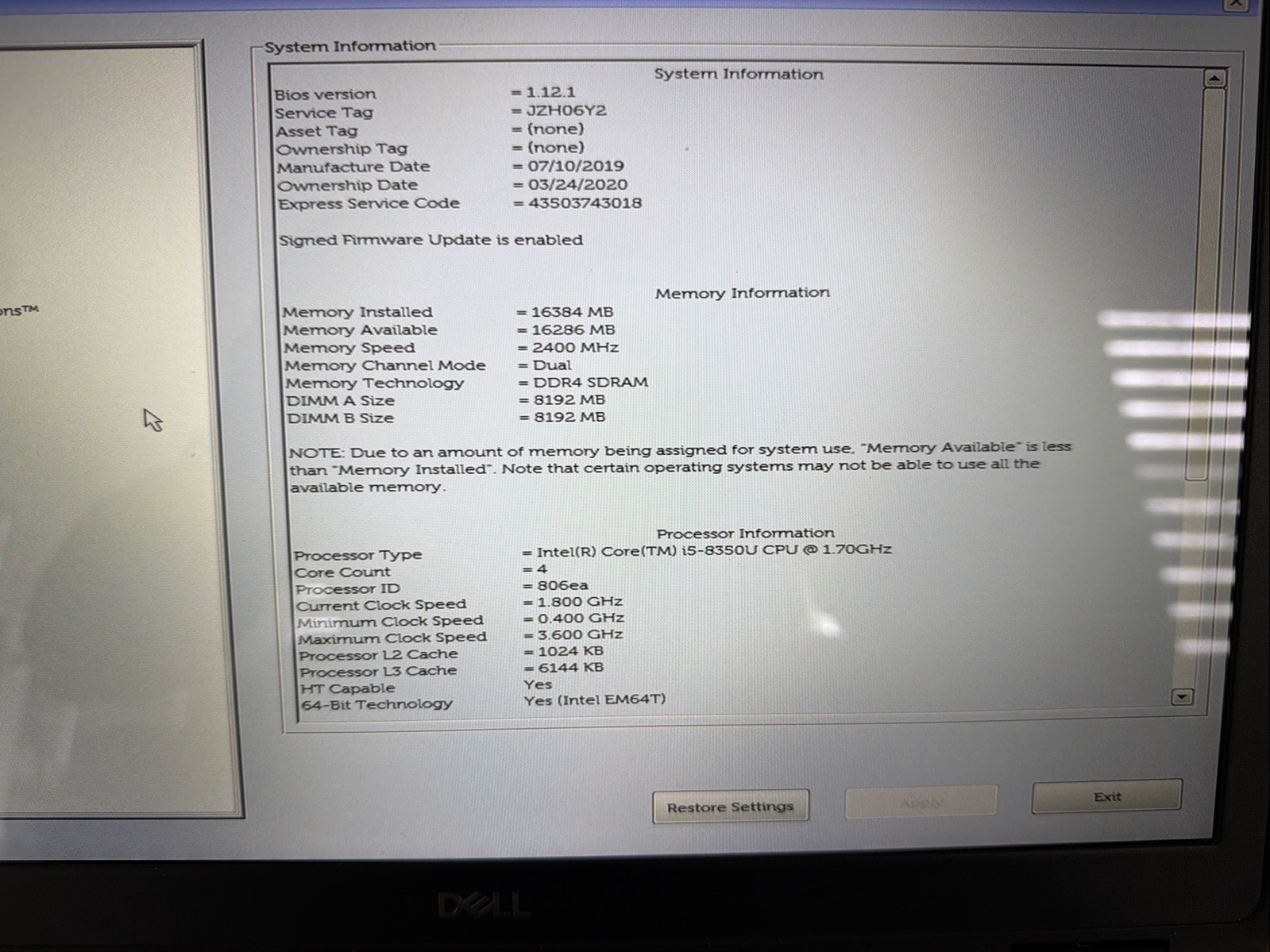 Dell Latitude 5590, i5-8350U CPU, @ 1.70GHz, 8GB RAM