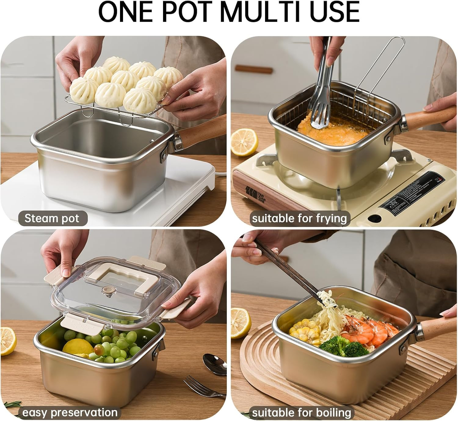 Stainless Steel Deep Fryer,Portable Outdoor Cooking Pot with Basket,Lid,Handle,A