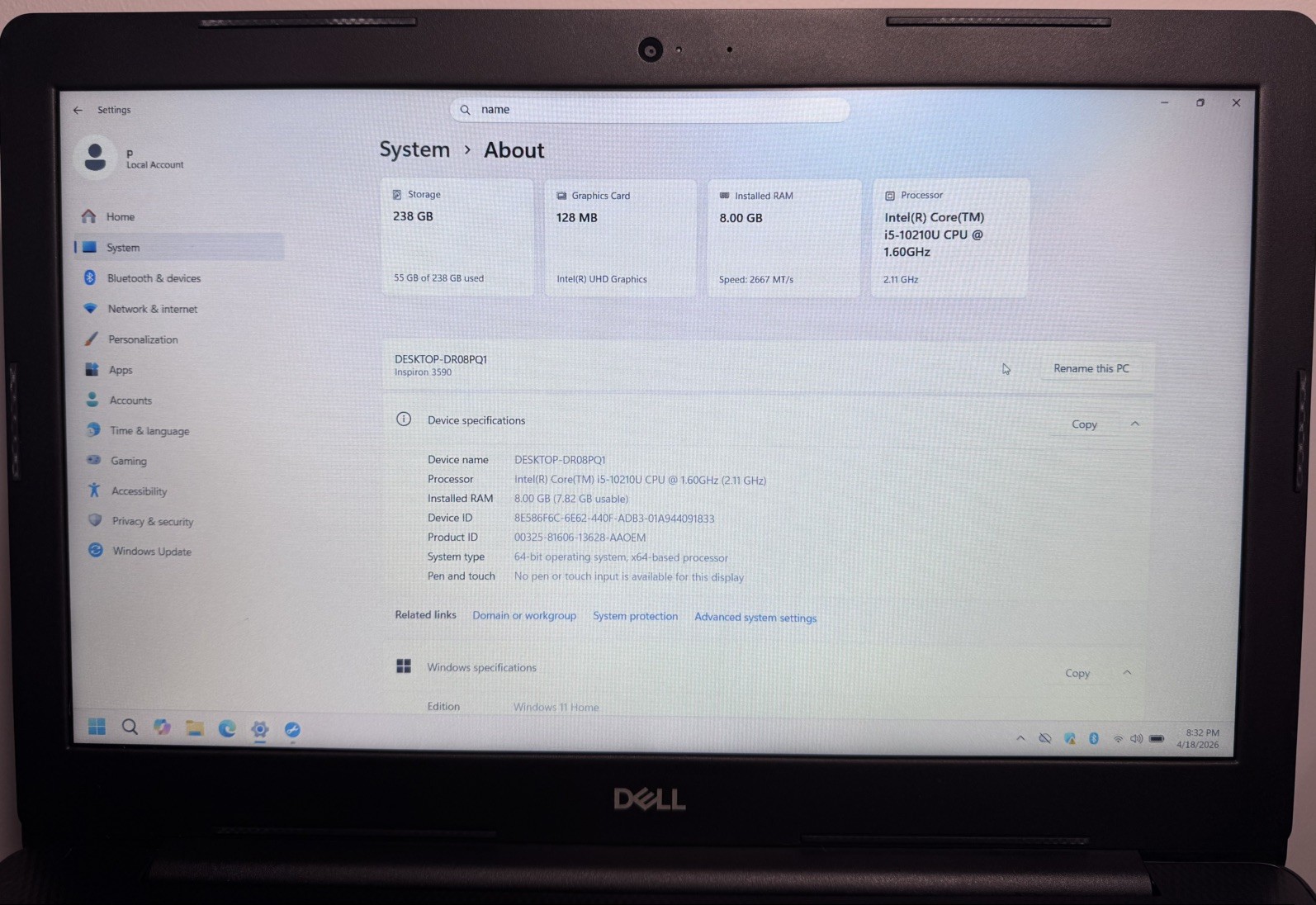 DELL Inspiron 3590 i5 | 8GB RAM | 256GB SSD | WIN11H
