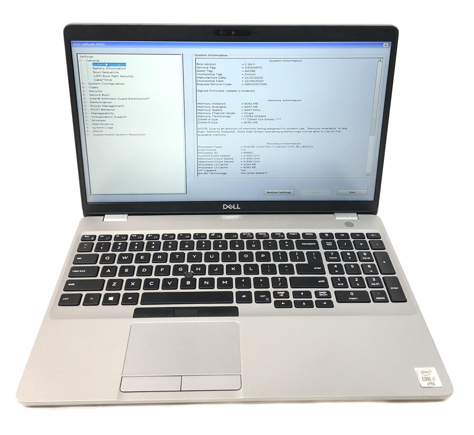 Dell Latitude 5510, Intel Core i7-10610U @1.80Ghz, 8GB RAM, NO SSD/OS, Tested!